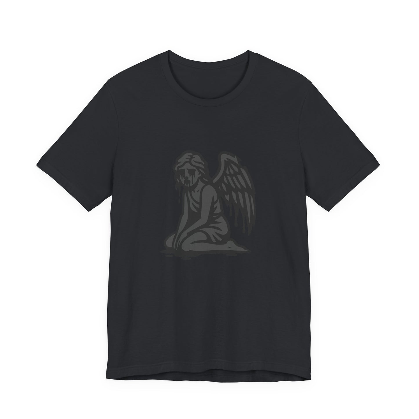 Fallen Angel Dark Theme Graphic T-Shirt – Dark Grayscale Crying Angel Design on Black Tee with Gothic Mood and Modern Ghost Effect. Unisex Jersey Short Sleeve Tee