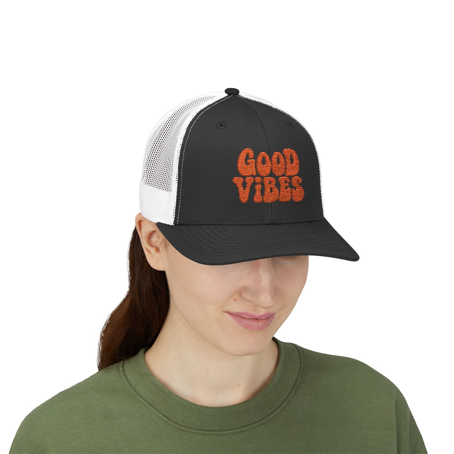 Good Vibes Trucker Hat – Embroidered Retro Text Hat for Positive Vibes, Chill Style, and Everyday Feel-Good Energy. Orange Letters