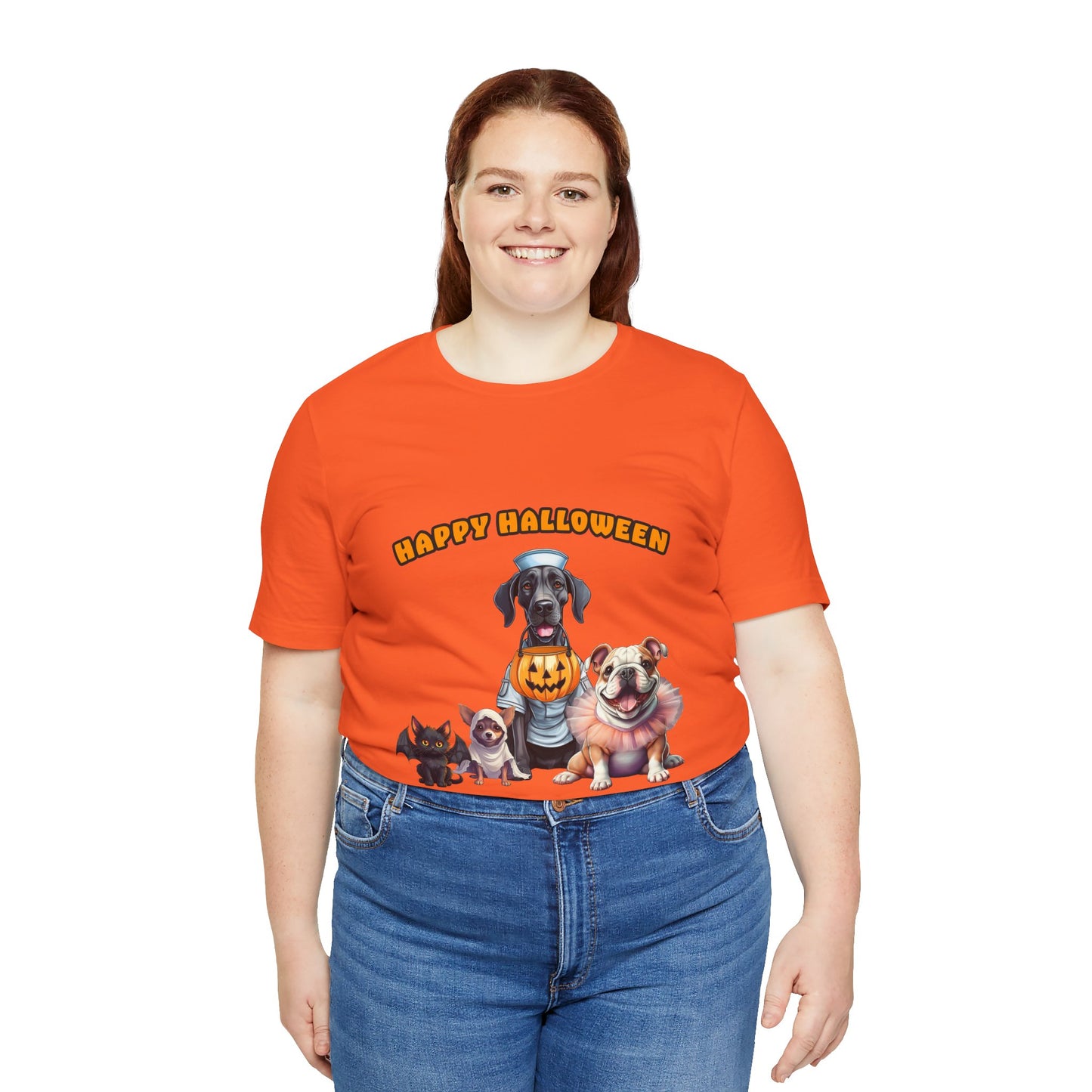 Happy Halloween Pet Parade Shirt – Cute Halloween Dogs and Cat in Costumes. Unisex Jersey Short Sleeve Tee