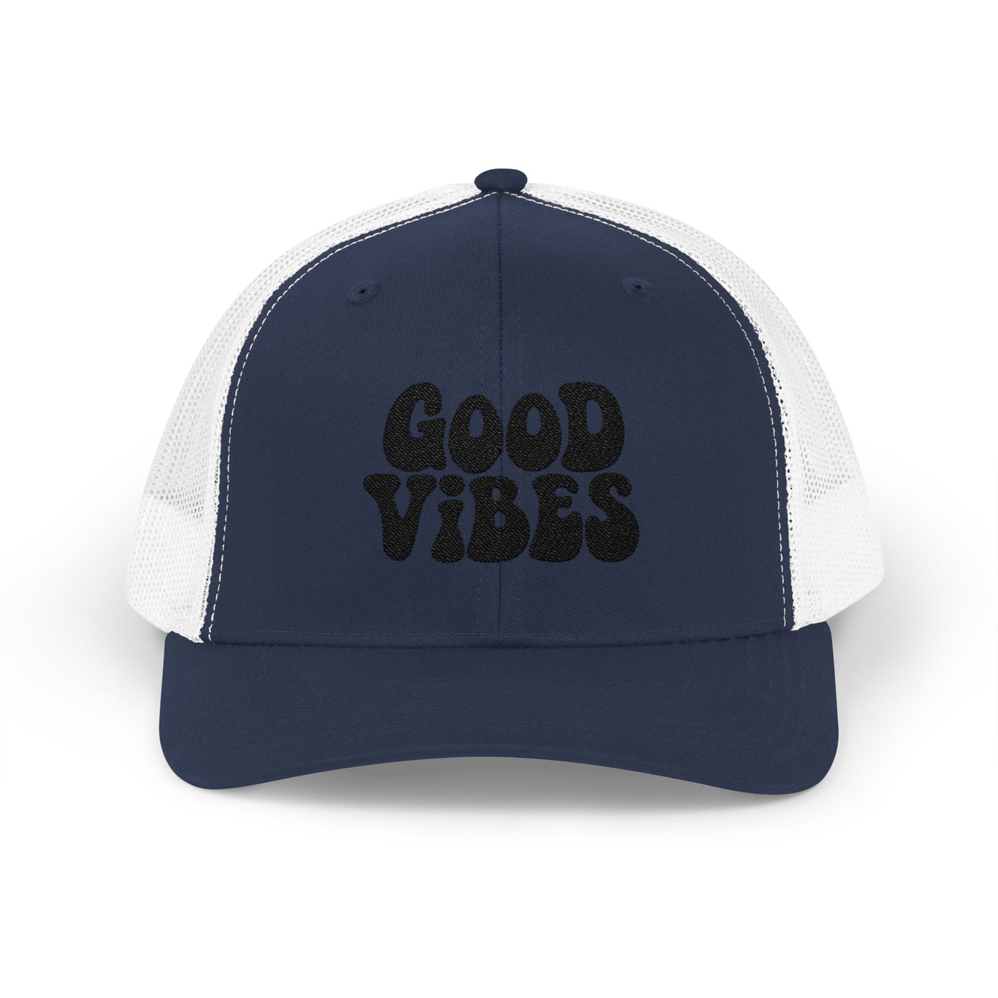 Good Vibes Trucker Hat – Embroidered Retro Text Hat for Positive Vibes, Chill Style, and Everyday Feel-Good Energy. Black Letters