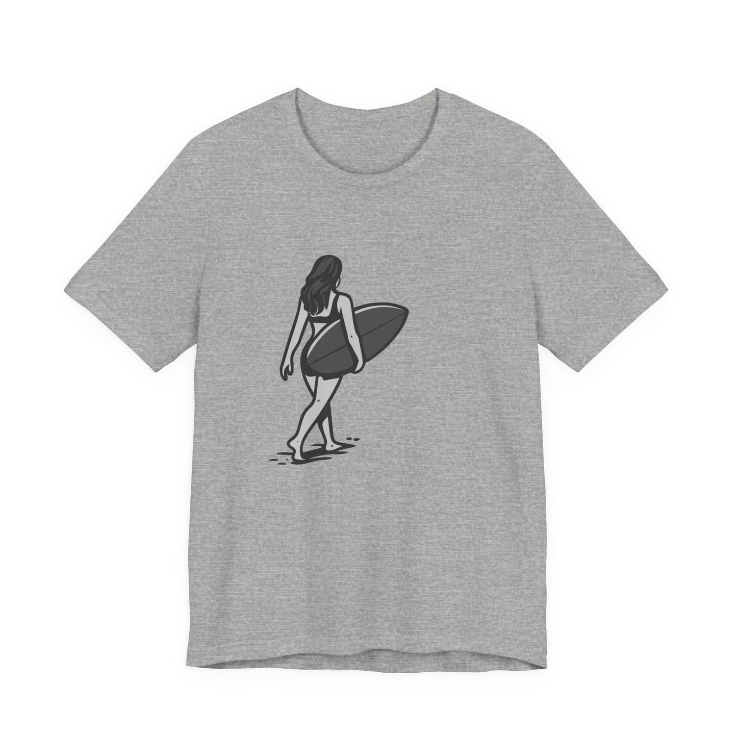 Surfer Girl Walking Graphic T-Shirt – Dark Theme Grayscale Beach Scene on Black Tee with Coastal Calm and Modern Ghost Effect. Unisex Jersey Short Sleeve Tee