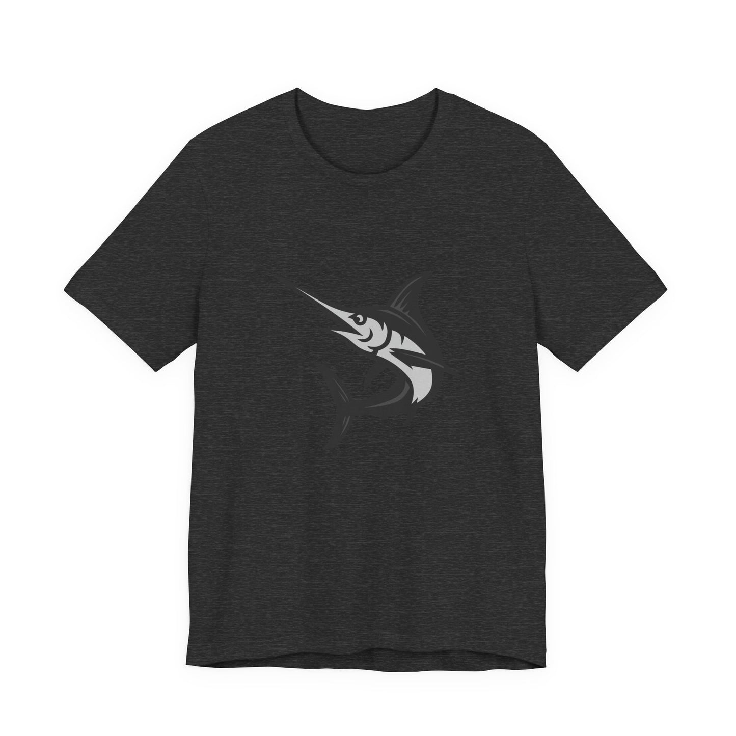 Swordfish Graphic T-Shirt – Dark Theme Grayscale Ocean Predator Design on Black Tee with Streamlined Power and Modern Ghost Effect. Unisex Jersey Short Sleeve Tee