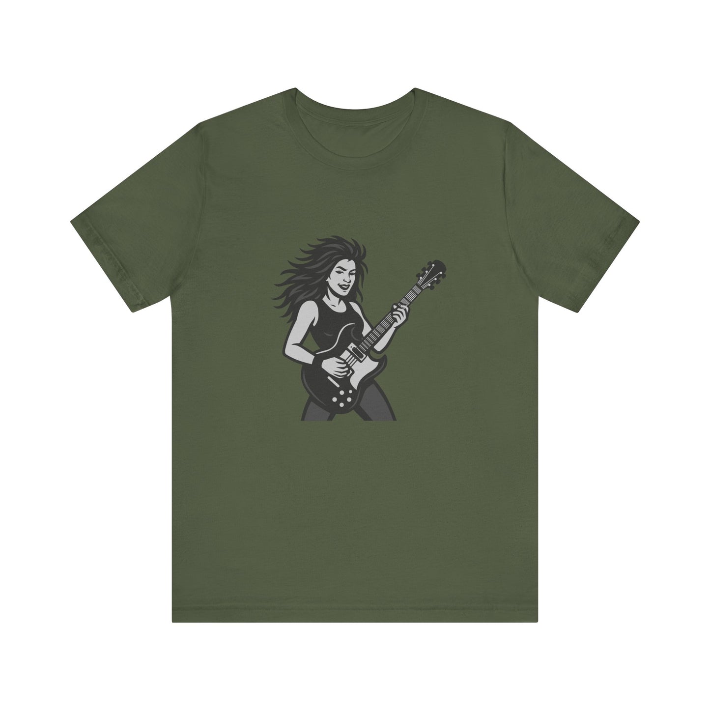 Rock Guitar Girl Graphic T-Shirt – Dark Theme Grayscale Electric Guitarist Design on Black Tee with Music Attitude and Modern Ghost Effect. Unisex Jersey Short Sleeve Tee