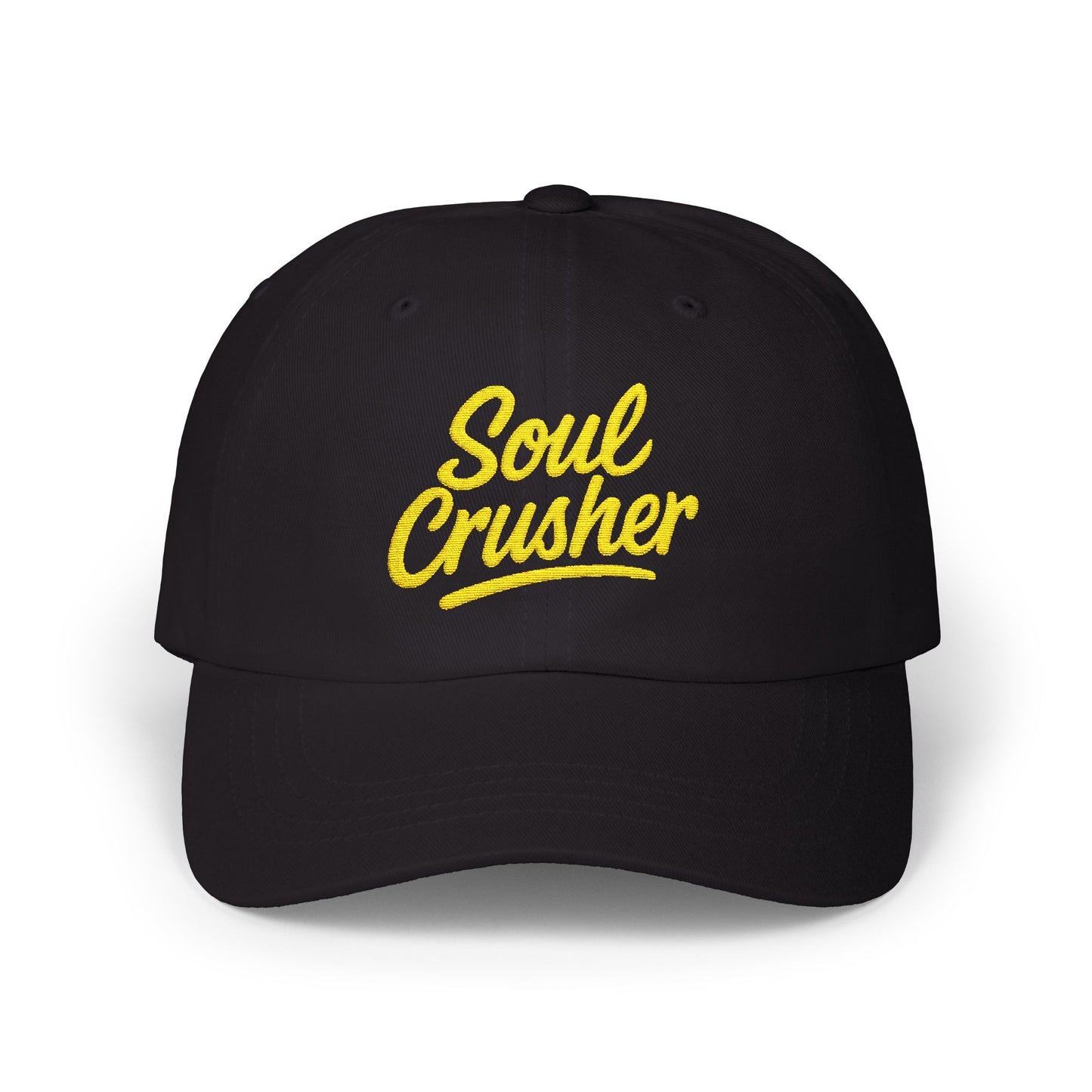 Soul Crusher Embroidered Classic Dad Hat – Clean Script Baseball Hat with Bold Edge for Heartbreakers, Villains, and Power Moves. Yellow Letters