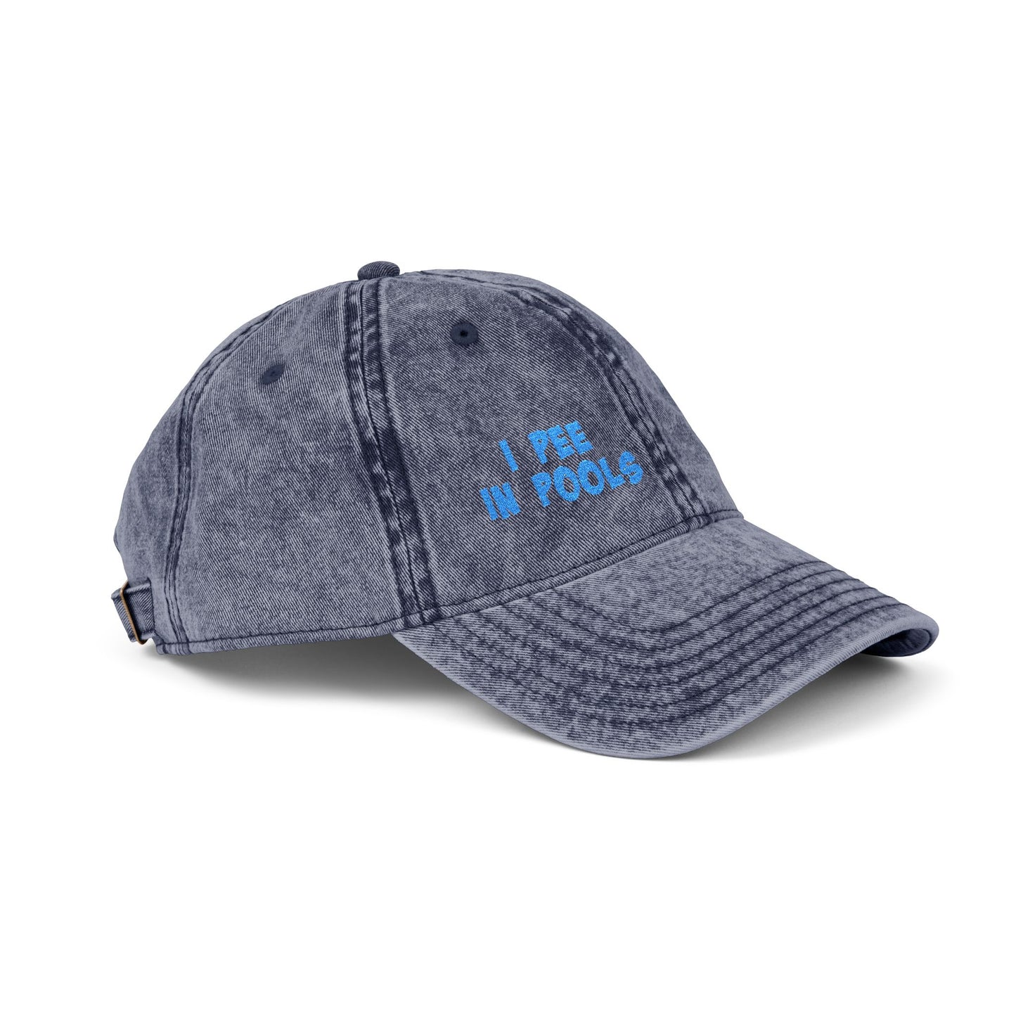 I Pee In Pools Vintage Hat – Funny Hat with Bold Blue Text for Lifeguard Terrors and Poolside Menaces