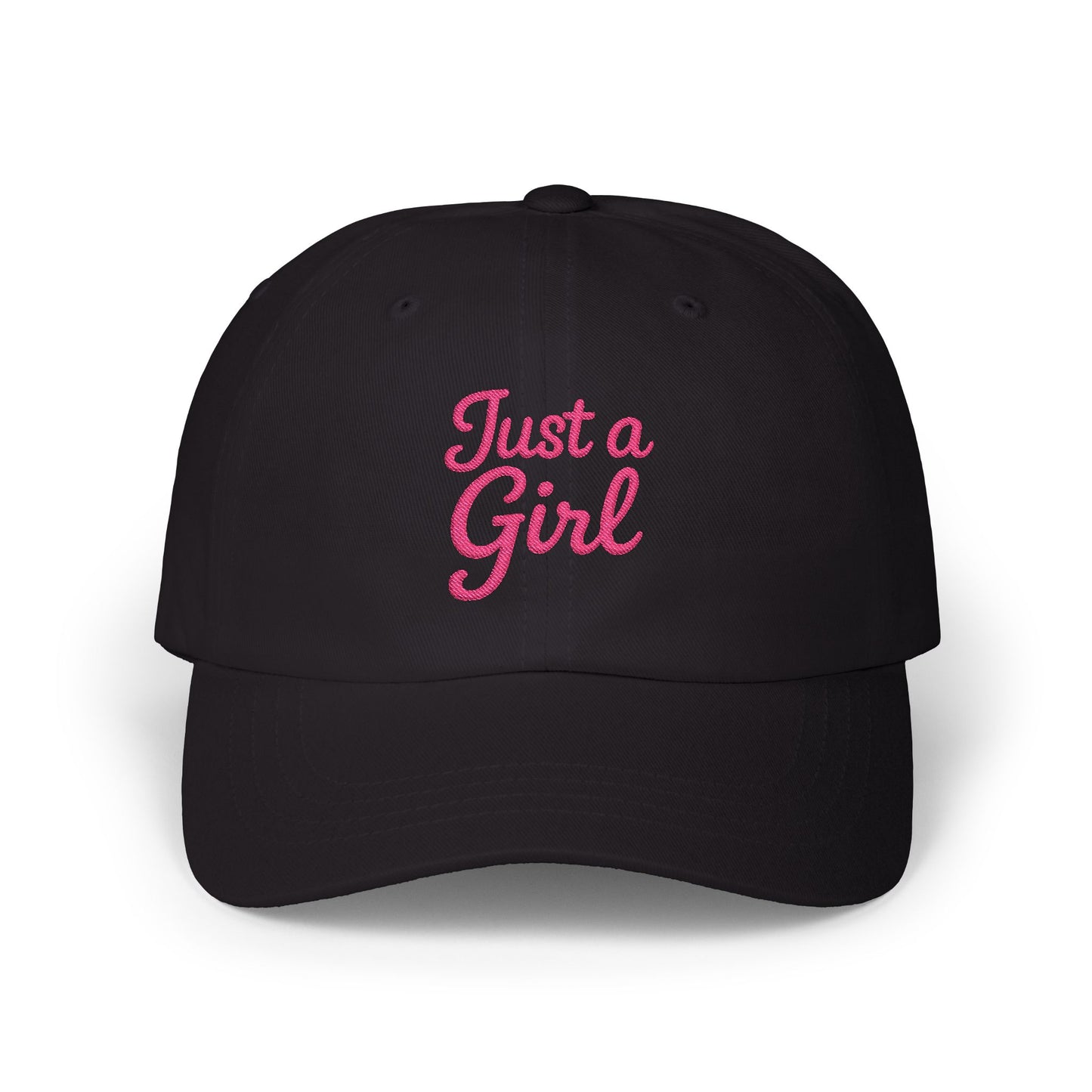 Just a Girl Embroidered Classic Dad Hat – Minimalist Script Baseball Hat with Bold Feminine Energy and Classic Style. Pink Letters