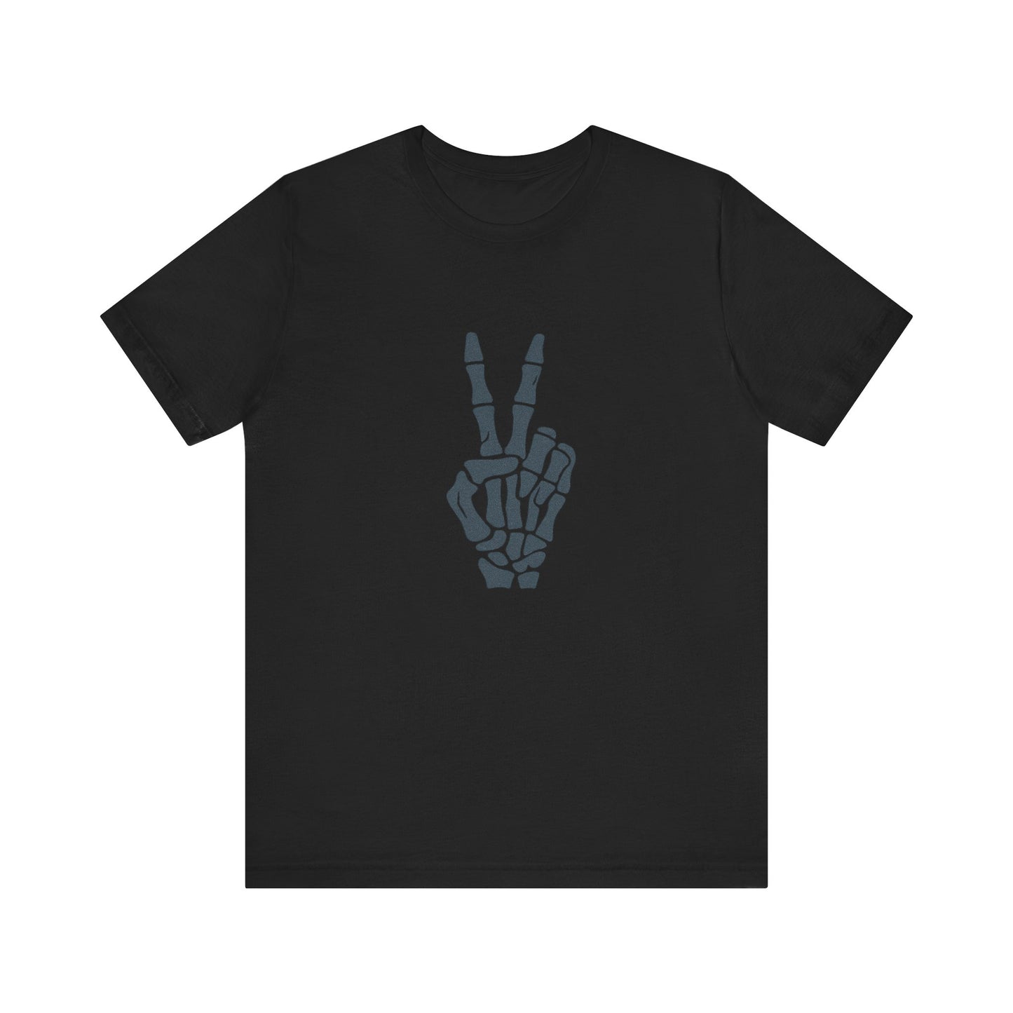 Skeleton Peace Hand Graphic T-Shirt – Gritty Dark Theme Grayscale Bones on Black Tee with Rebellious Calm and Modern Ghost Effect. Unisex Jersey Short Sleeve Tee