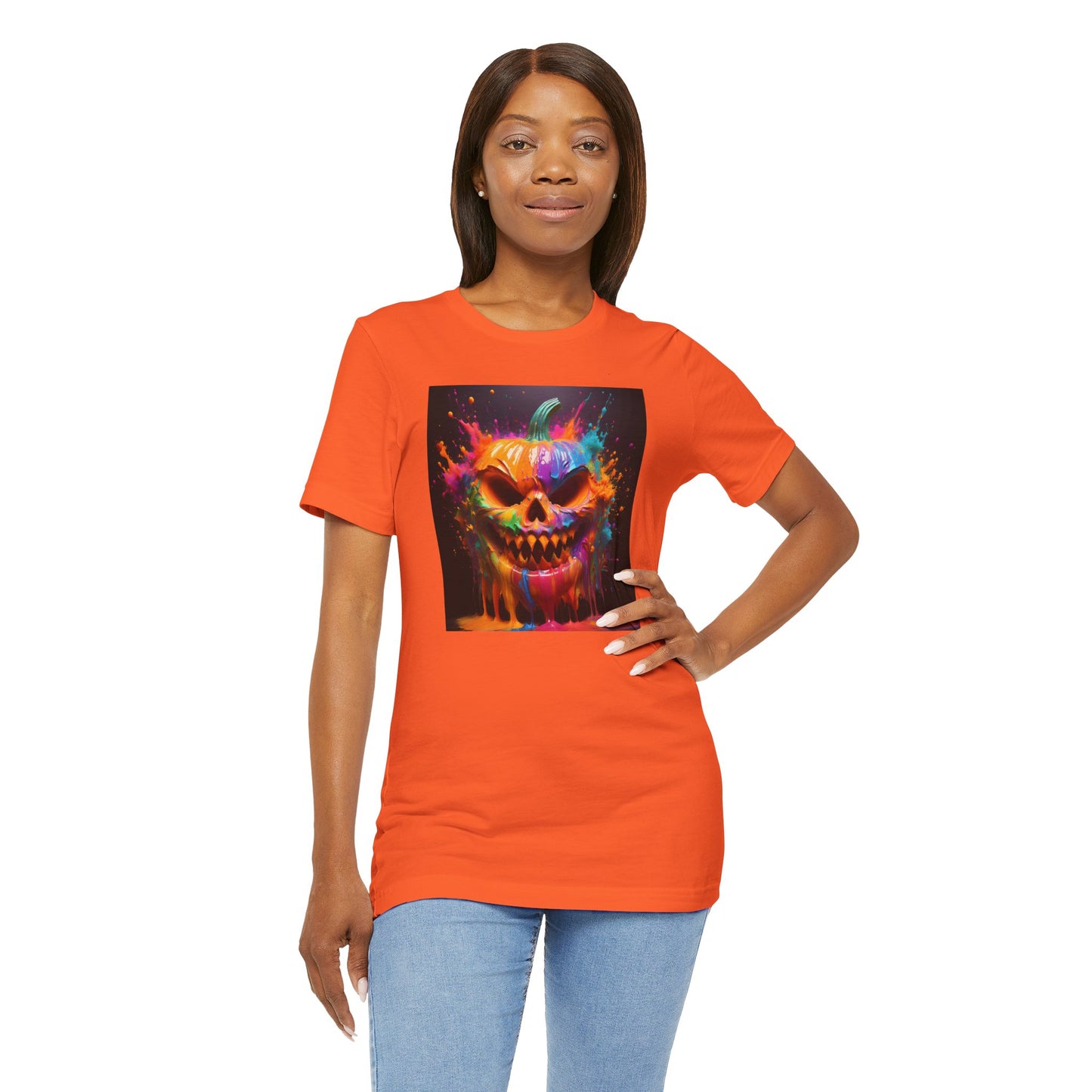 Neon Splatter Pumpkin Halloween Shirt – Vibrant Dripping Jack-o’-Lantern Graphic Tee for Bold Spooky Style