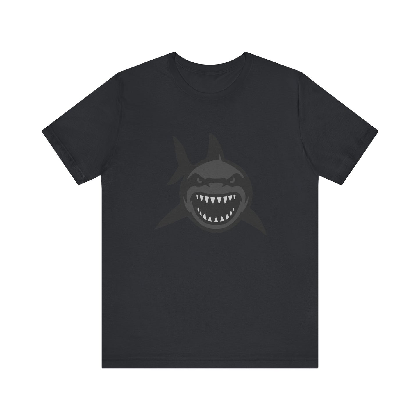 Ferocious Shark Face Graphic Tee with a Bold Bite – Dark Theme Ocean Predator Shirt in Black and Grey. Unisex Jersey Short Sleeve Tee