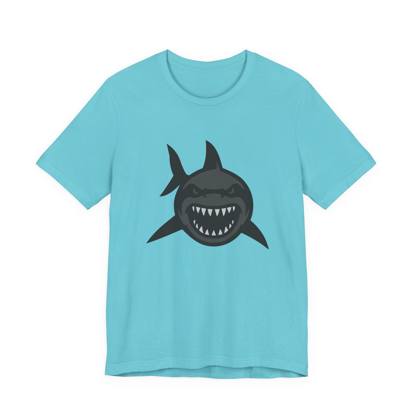Ferocious Shark Face Graphic Tee with a Bold Bite – Dark Theme Ocean Predator Shirt in Black and Grey. Unisex Jersey Short Sleeve Tee
