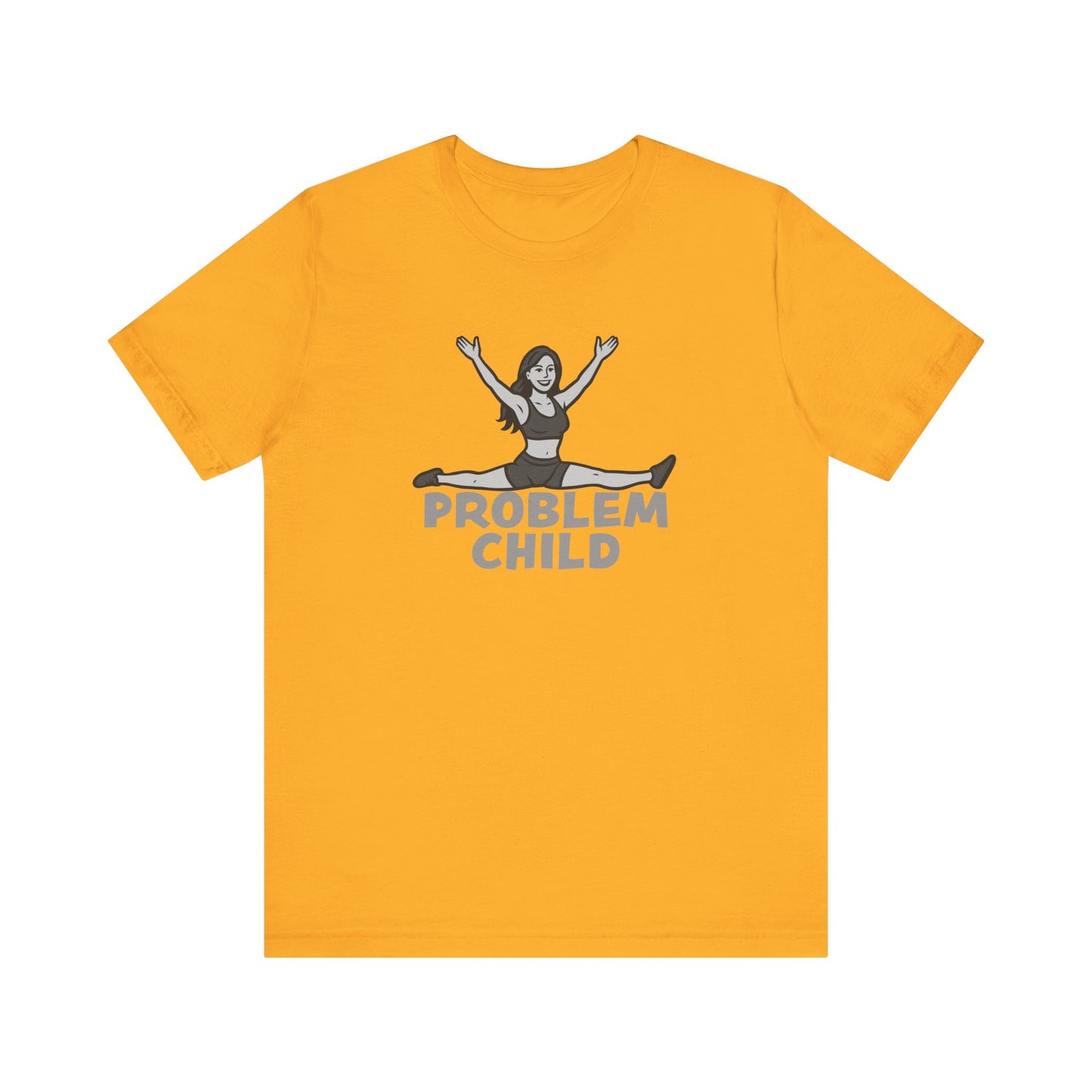 Problem Child Graphic Tee Cheerful Rebel Jump Pose in Bold Dark Theme Monochrome Style. Unisex Jersey Short Sleeve Tee