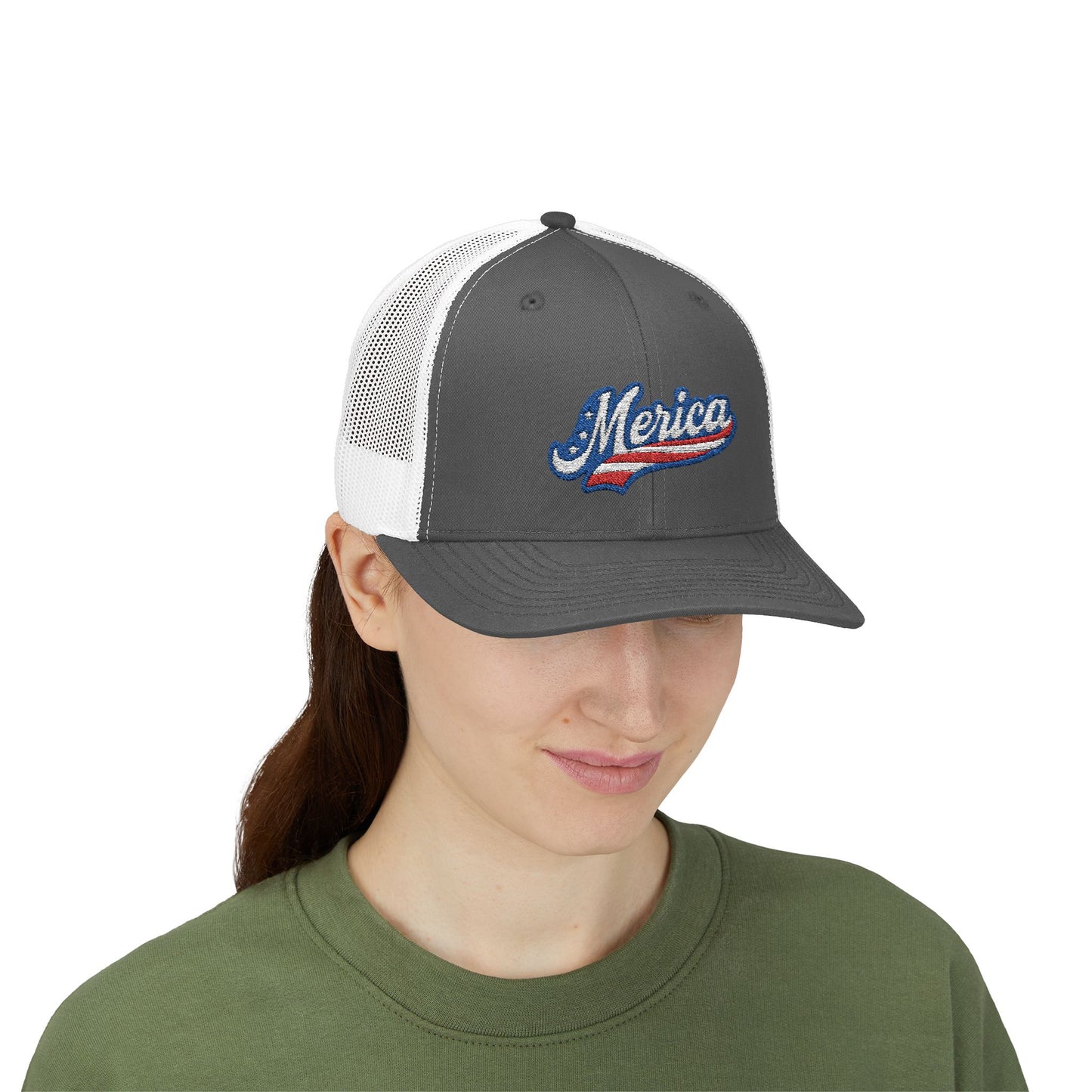 Merica Trucker Hat – Patriotic Embroidered Hat with Vintage Sports Style