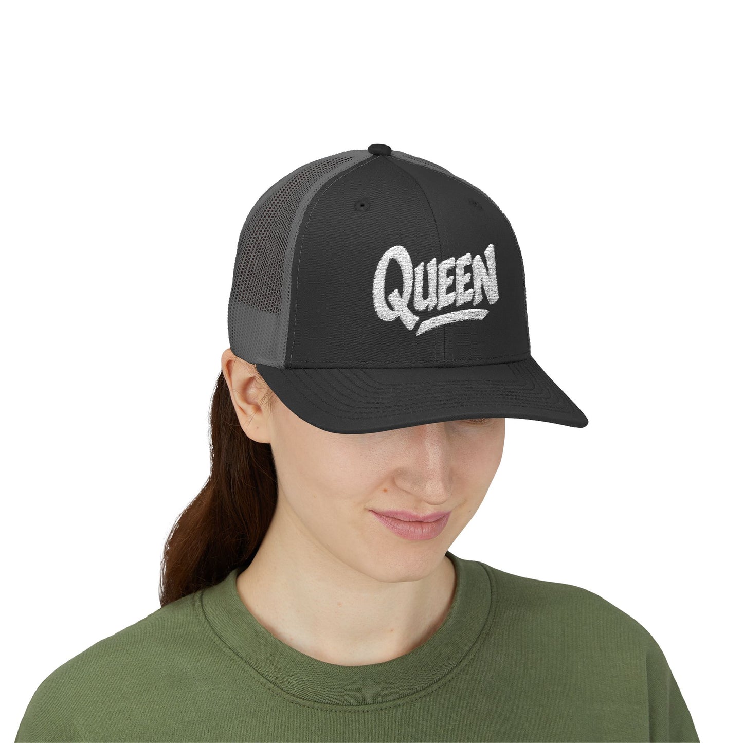 Queen Trucker Hat – Embroidered Crown Hat for Confident Women. White Letters