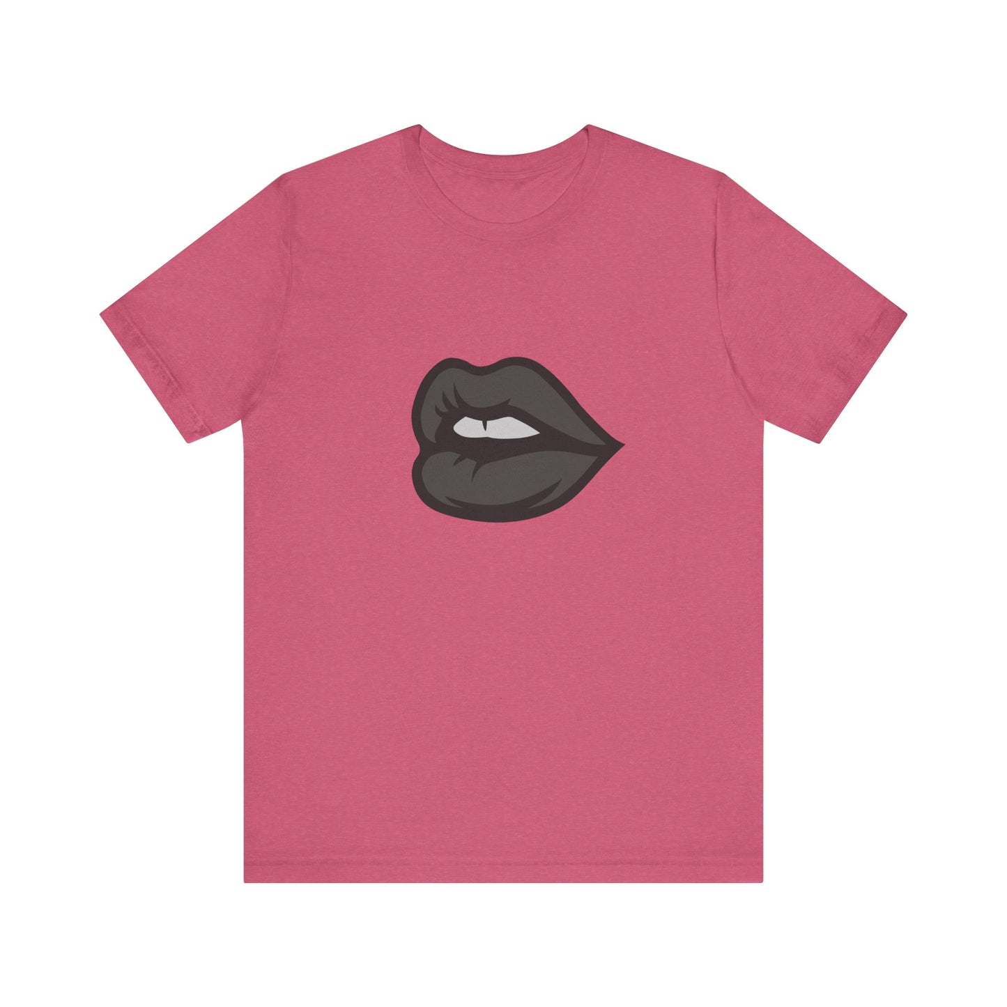 Dark Lips Graphic T-Shirt – Dark Theme Grayscale Biting Lip Design on Black Tee with Subtle Seduction and Modern Ghost Effect. Unisex Jersey Short Sleeve Tee