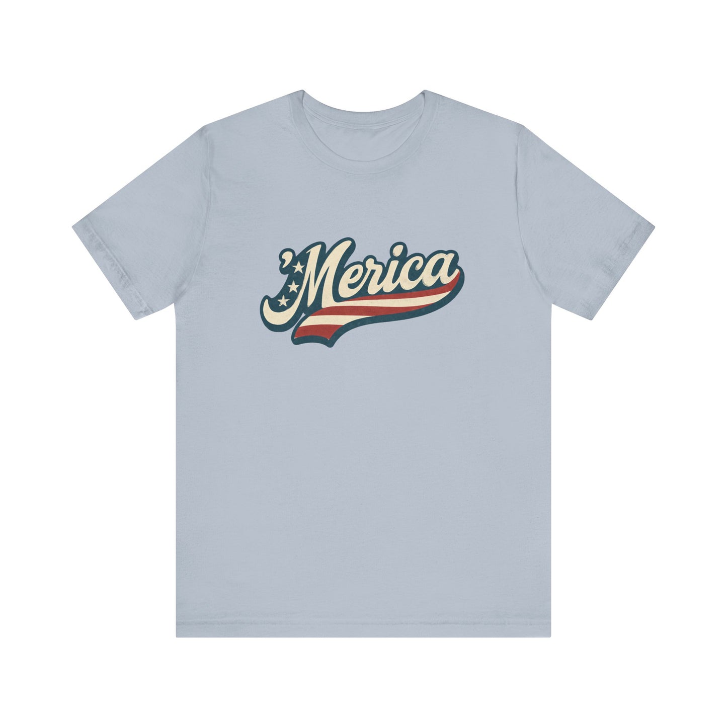 'Merica Vintage Script Shirt – Patriotic Retro USA Tee for 4th of July – Independence Day American Pride Design. Unisex Jersey Short Sleeve Tee