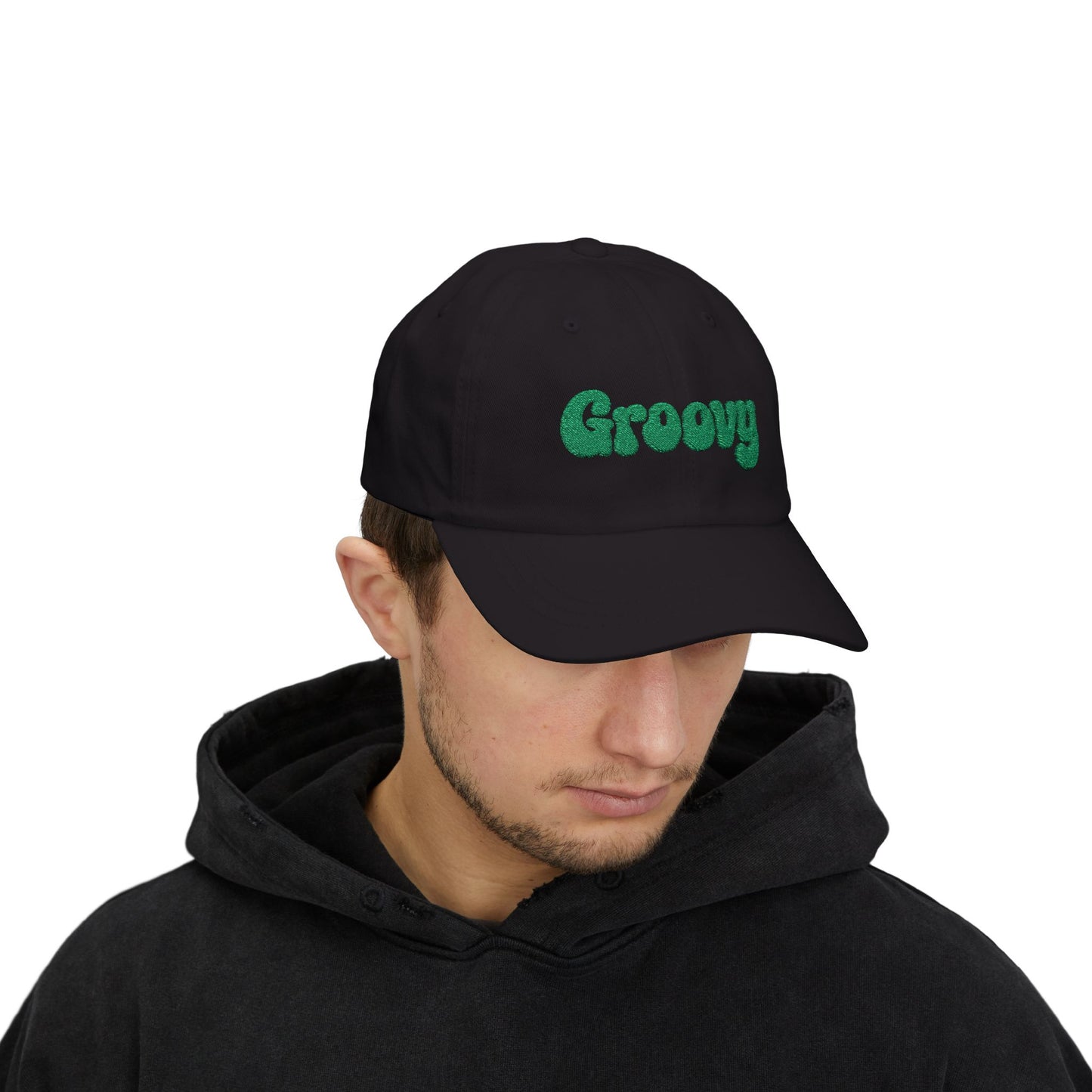 Groovy Classic Dad Hat – Retro Embroidered Hat with 70s Style Font for Funky Vibes, Chill Days, and Vintage Cool. Green Letters