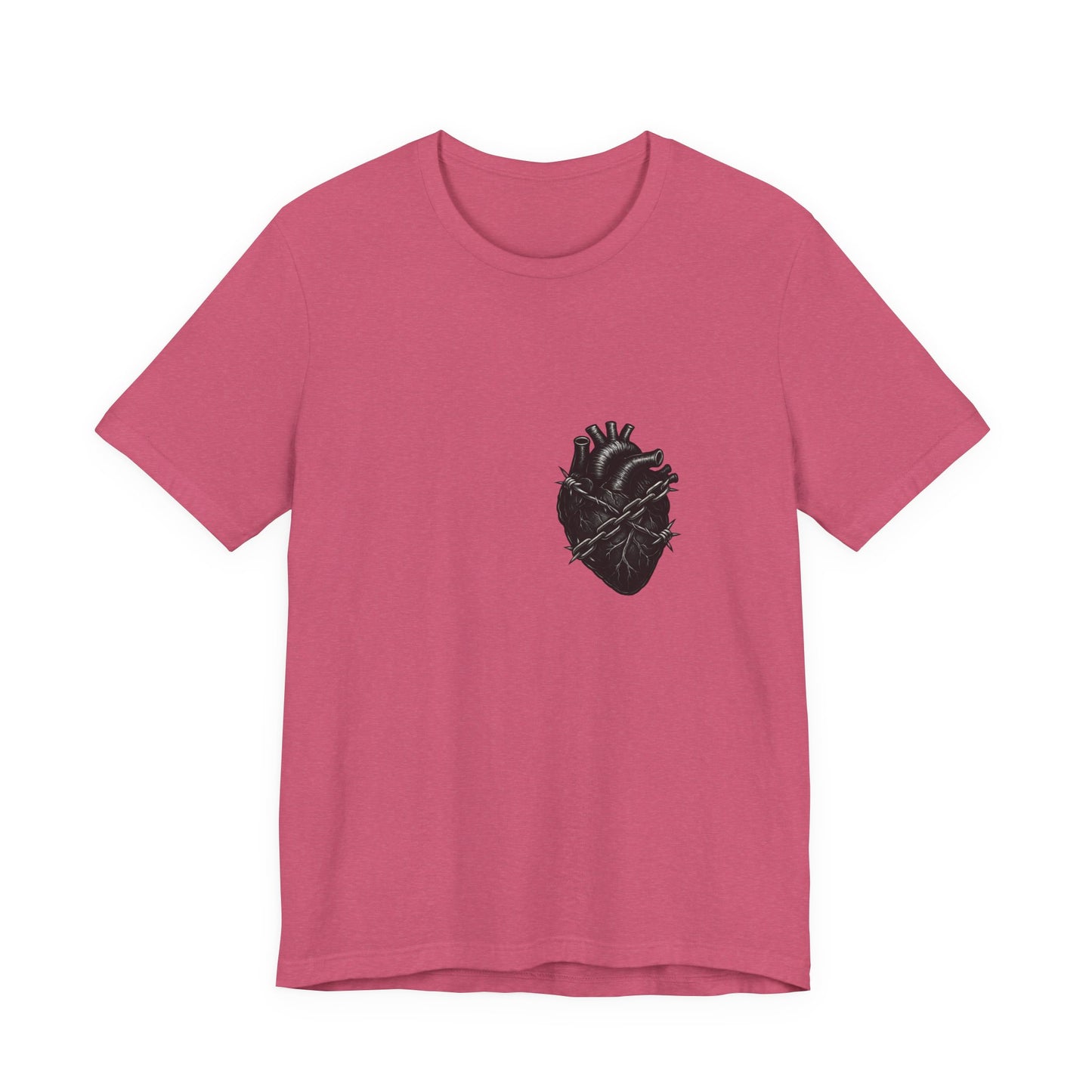 Heart in Chains Shirt – Dark Theme Anatomical Heart Wrapped in Barbed Wire and Commitment Issues. Unisex Jersey Short Sleeve Tee