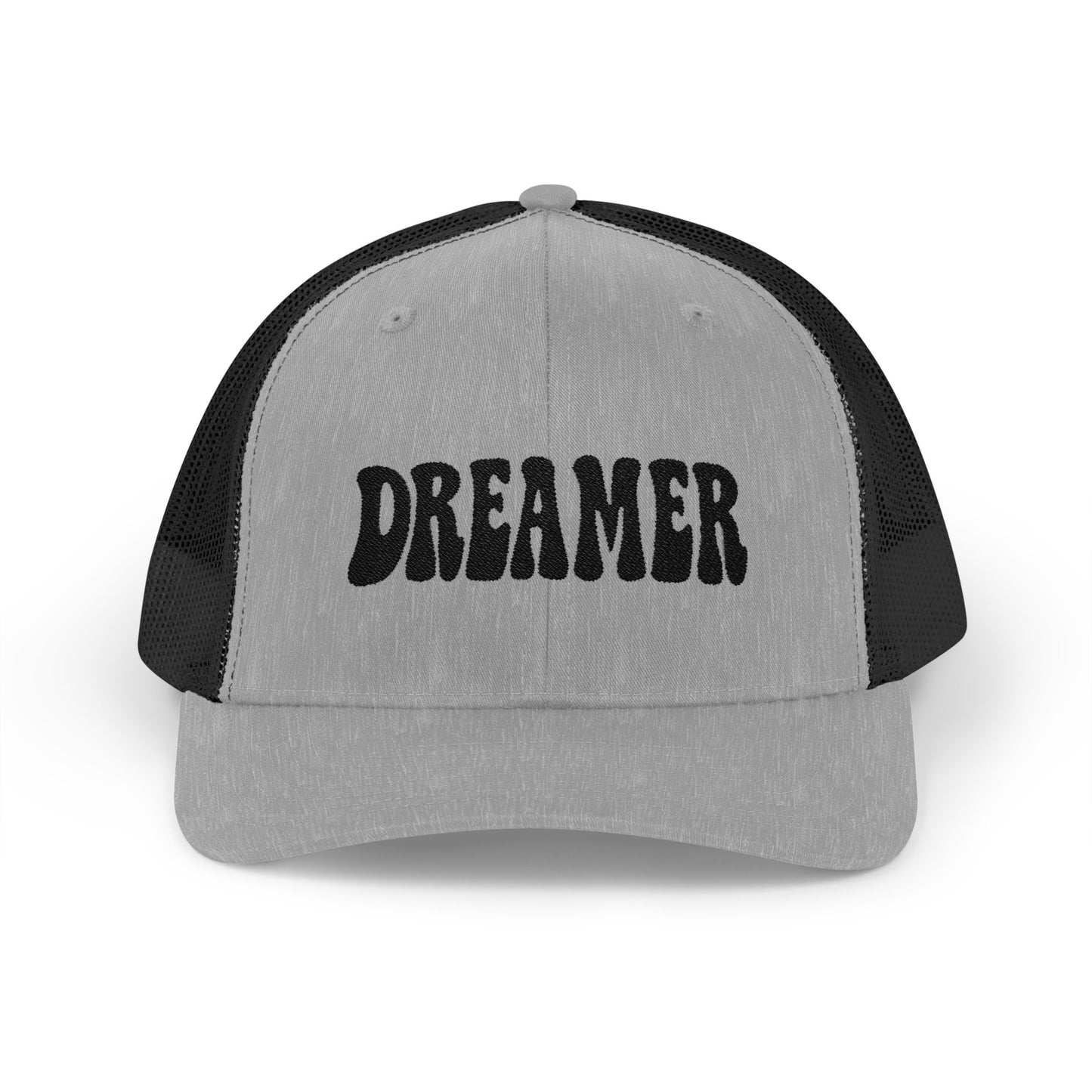 Dreamer Trucker Hat – Embroidered Minimalist Script Hat for Visionaries, Creatives, and Chill Daydreamers. Black Letters