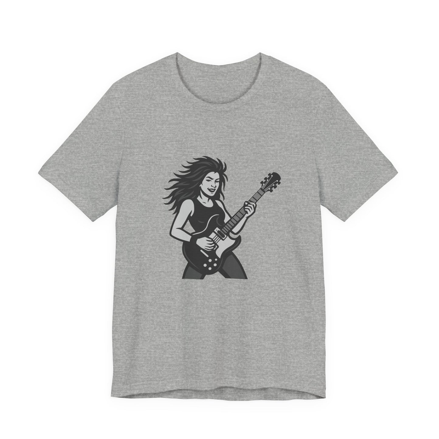 Rock Guitar Girl Graphic T-Shirt – Dark Theme Grayscale Electric Guitarist Design on Black Tee with Music Attitude and Modern Ghost Effect. Unisex Jersey Short Sleeve Tee
