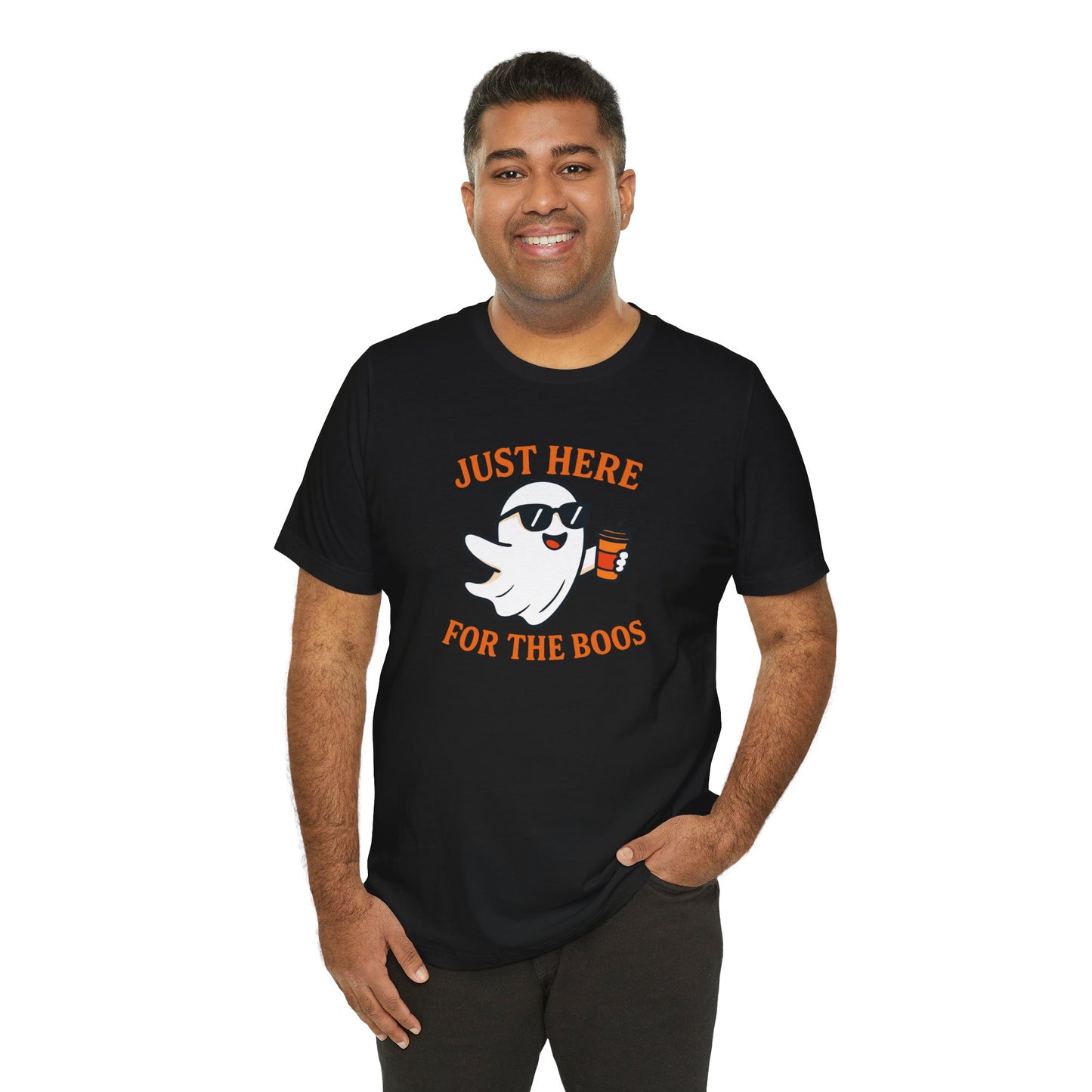 Just Here for the Boos Halloween Shirt – Funny Ghost Drinking Coffee Graphic Tee for Spooky Season