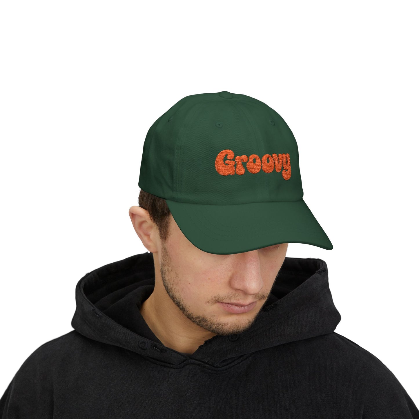 Groovy Classic Dad Hat – Retro Embroidered Hat with 70s Style Font for Funky Vibes, Chill Days, and Vintage Cool. Orange Letters
