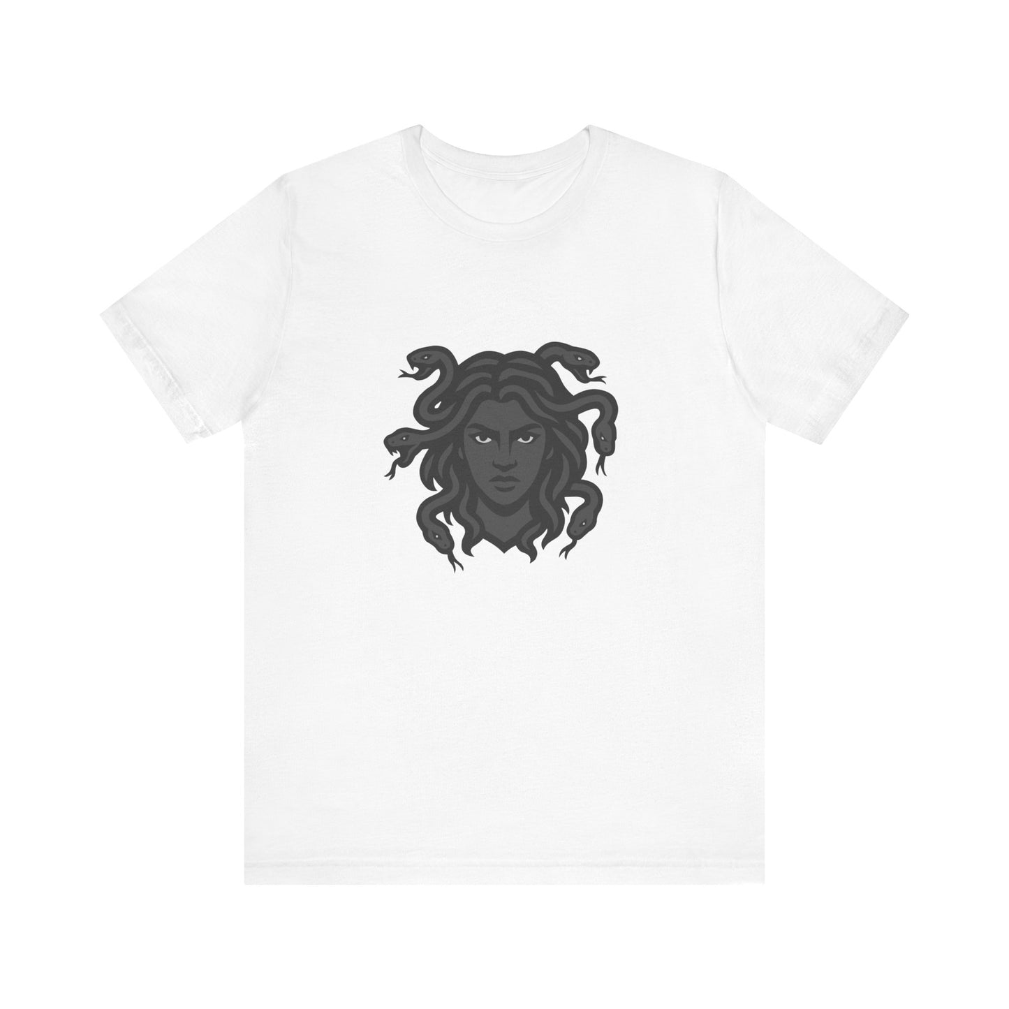 Medusa Graphic T-Shirt – Dark Theme Grayscale Snake-Haired Gorgon Design on Black Tee with Dark Myth Vibe and Modern Ghost Effect. Unisex Jersey Short Sleeve Tee