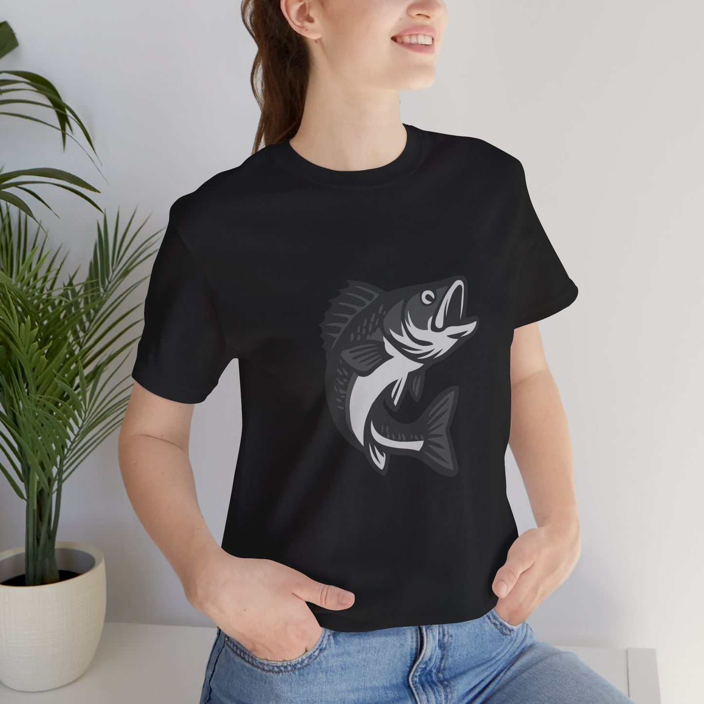 Walleye Fishing Graphic T-Shirt – Dark Theme Grayscale Freshwater Game Fish Design on Black Tee with Angler Energy and Modern Ghost Effect. Unisex Jersey Short Sleeve Tee