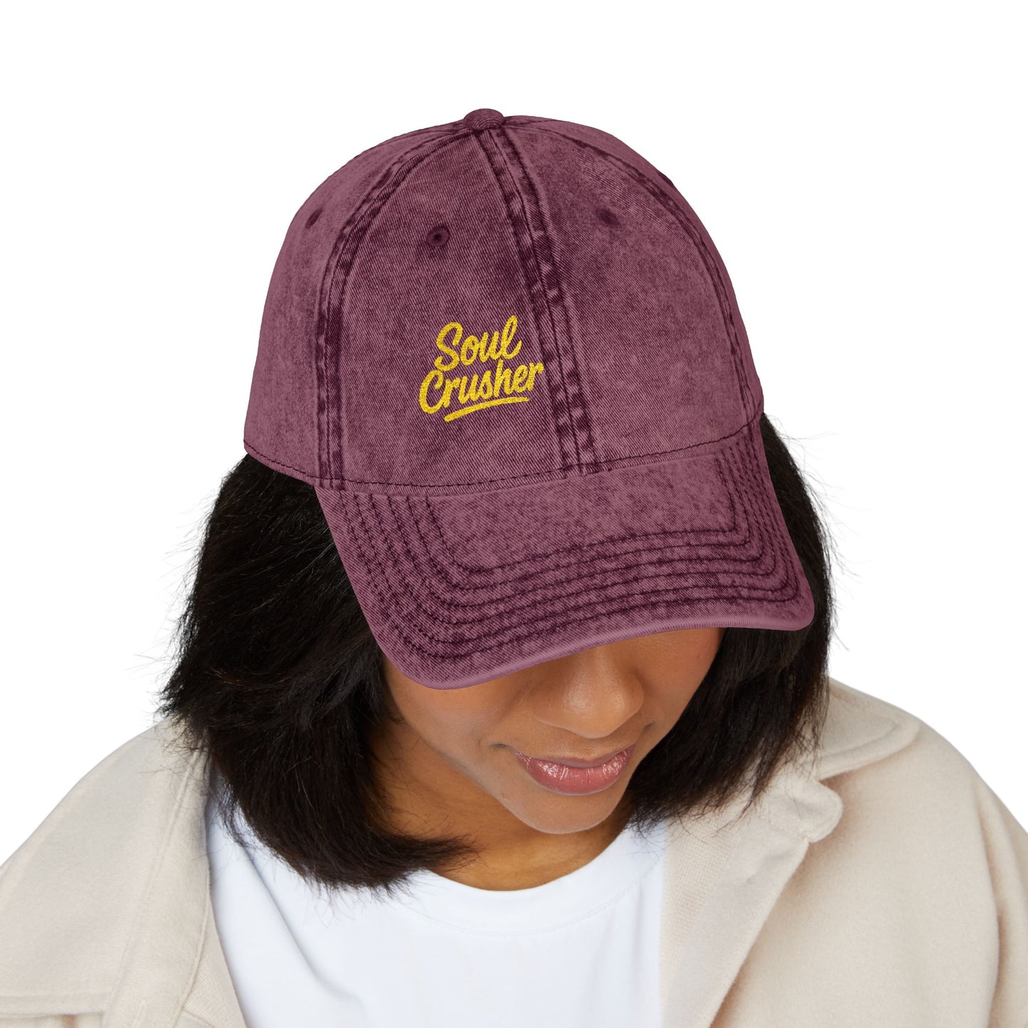 Soul Crusher Vintage Hat – Clean Script Hat with Bold Edge for Heartbreakers, Villains, and Power Moves