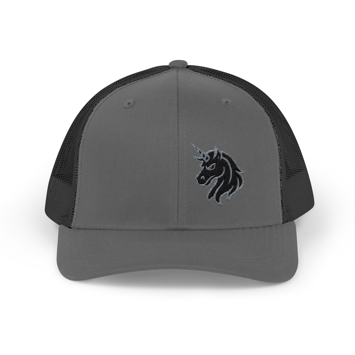 Angry Unicorn Trucker Hat – Embroidered Gothic Fantasy Hat with Red Eyes and Fierce Horned Design