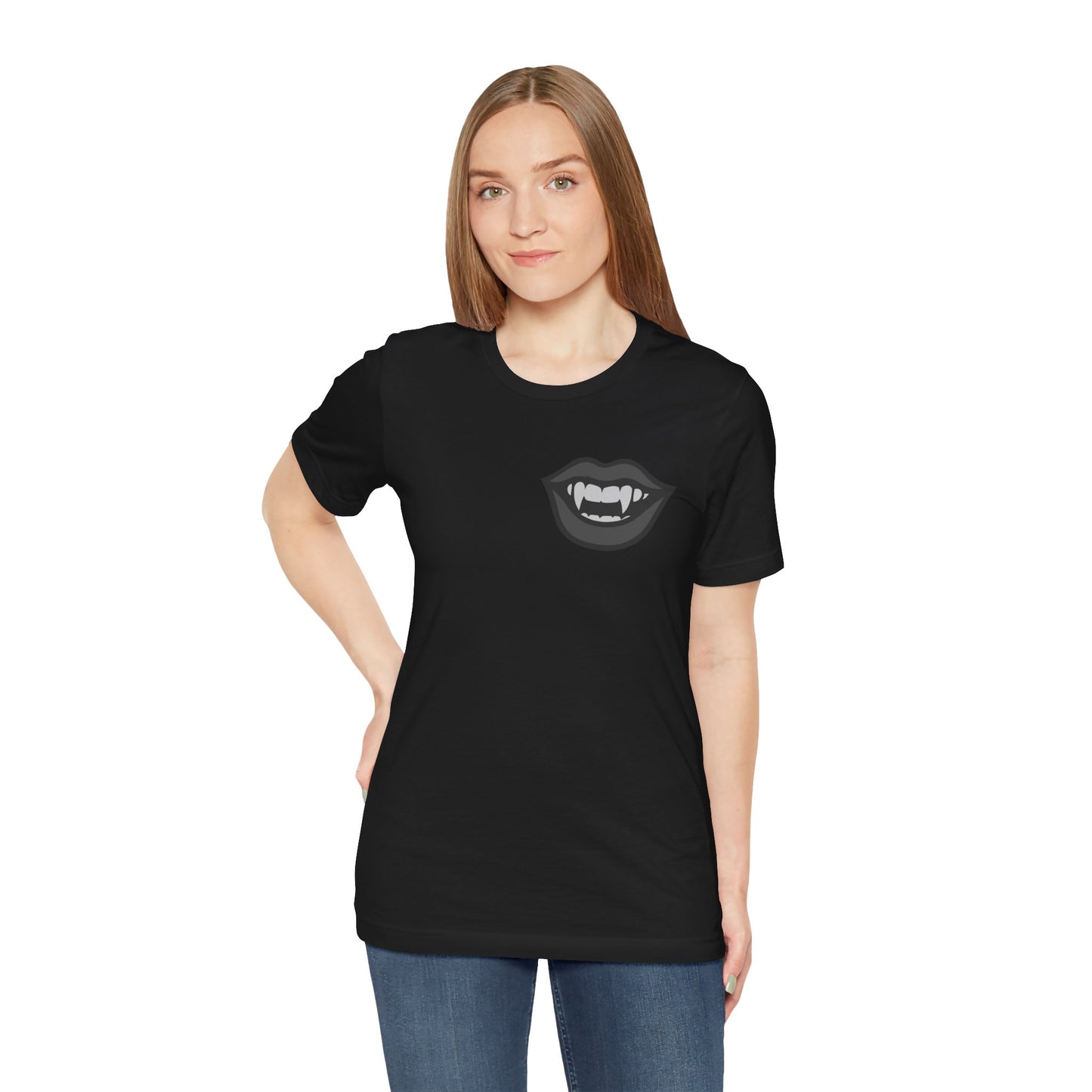 Vampire Mouth Graphic T-Shirt – Dark Theme Grayscale Fanged Lips on Black Tee with Gothic Bite and Modern Ghost Effect. Unisex Jersey Short Sleeve Tee