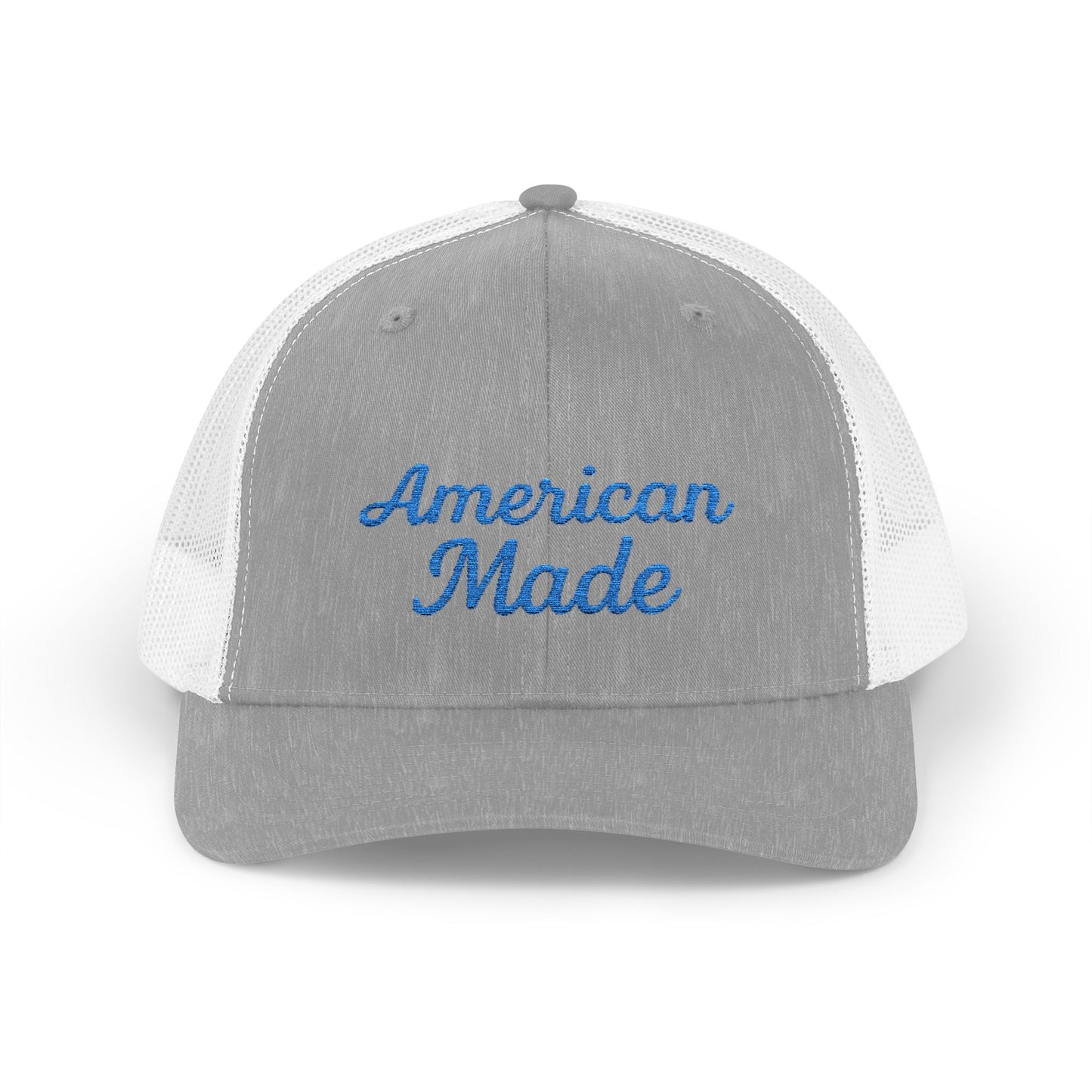 American Made Trucker Hat – Embroidered Patriotic Hat with Retro Script for USA Pride and Everyday Freedom. Blue Letters