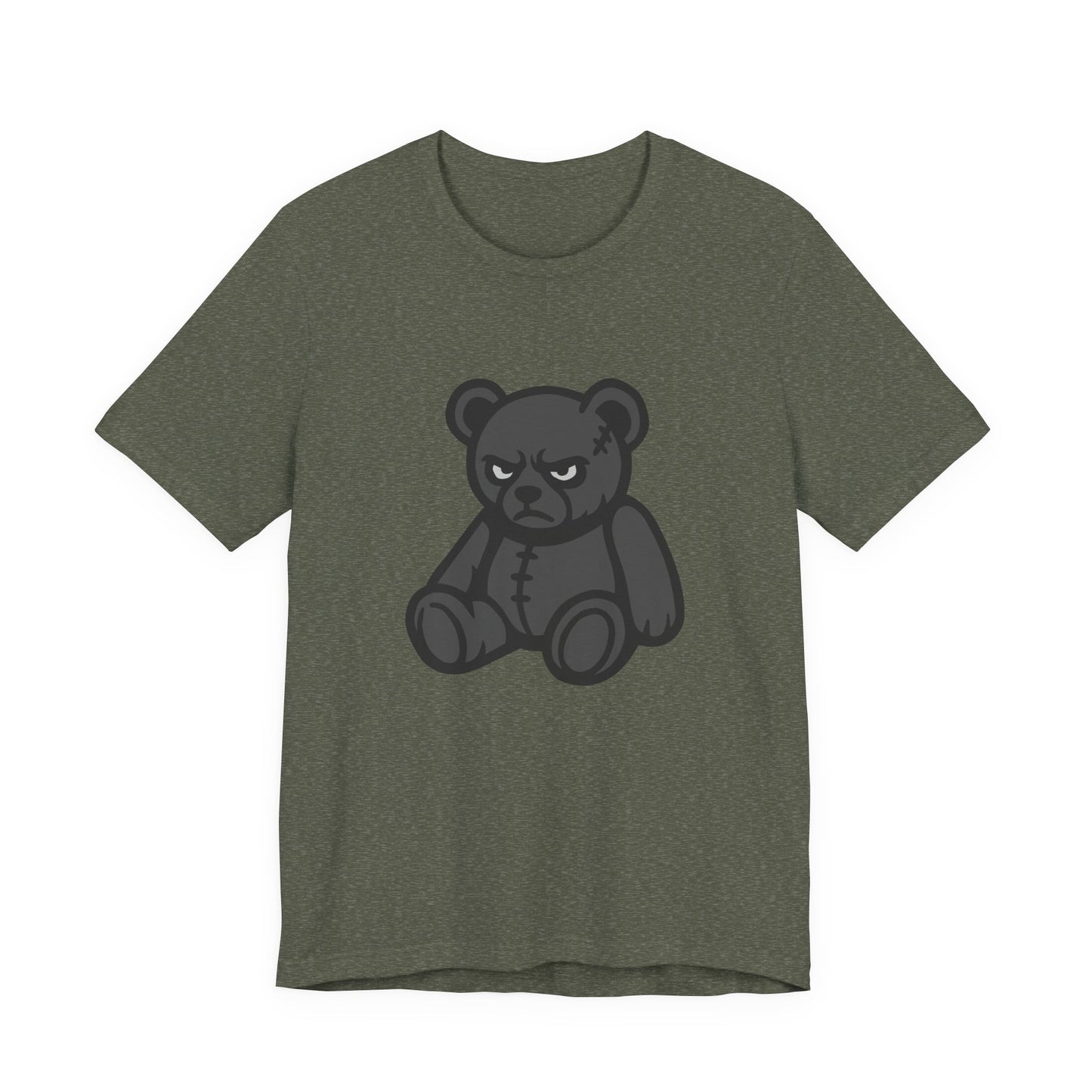 Angry Teddy Bear Graphic T-Shirt – Dark Theme Grayscale Plush with Attitude on Black Tee for Edgy or Ironic Style. Unisex Jersey Short Sleeve Tee