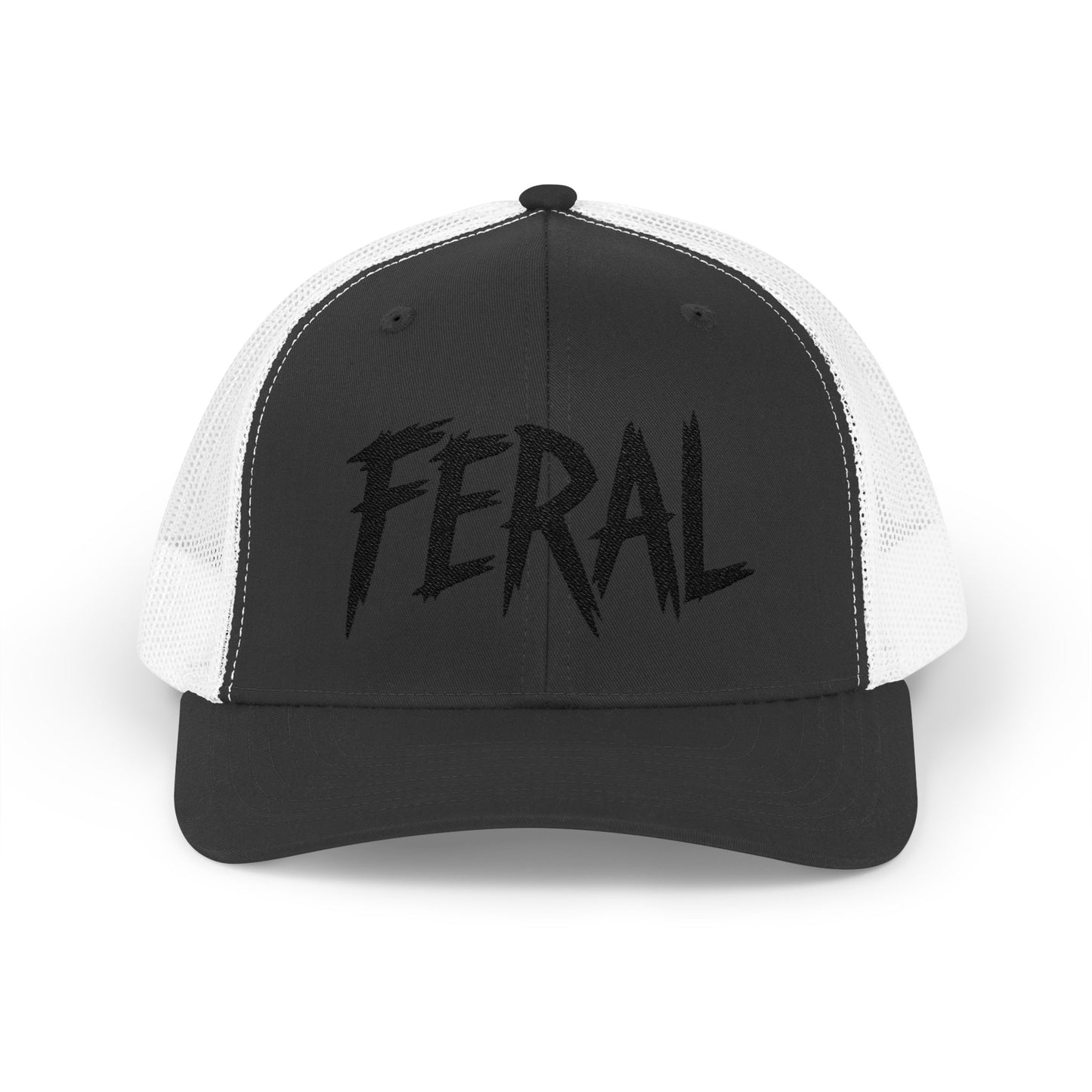 FERAL Embroidered Trucker Hat – Bold Statement Baseball Hat with Wild Energy Font for Rebels, Misfits, and Chaos Enthusiasts
