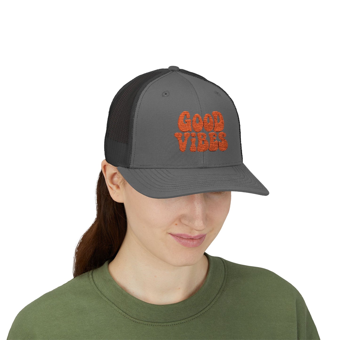 Good Vibes Trucker Hat – Embroidered Retro Text Hat for Positive Vibes, Chill Style, and Everyday Feel-Good Energy. Orange Letters