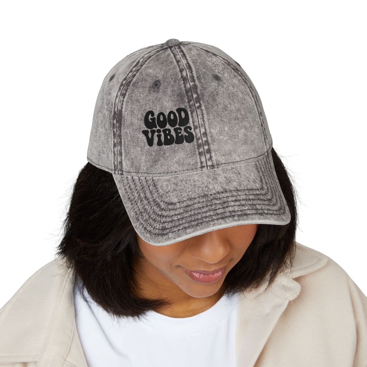 Good Vibes Vintage Hat – Embroidered Retro Text Hat for Positive Vibes, Chill Style, and Everyday Feel-Good Energy