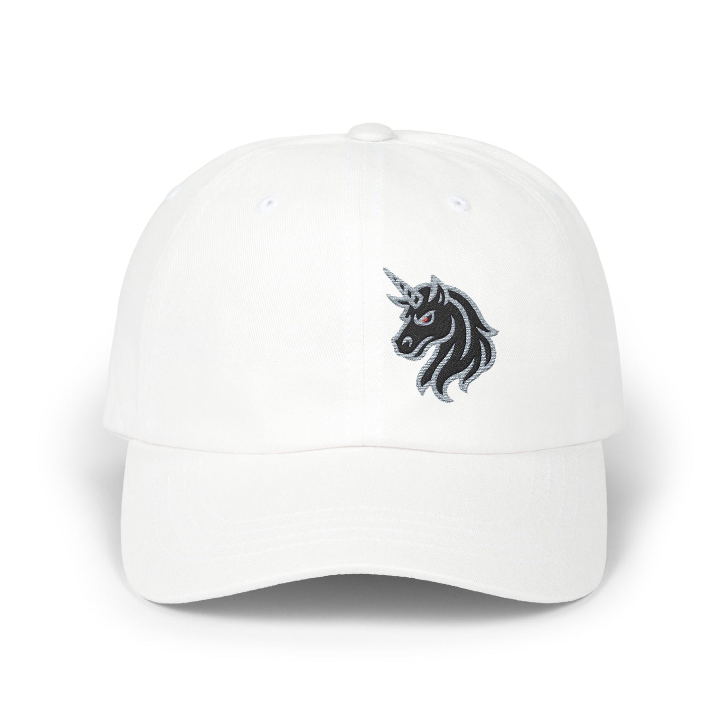 Angry Unicorn Classic Dad Hat – Embroidered Gothic Fantasy Hat with Red Eyes and Fierce Horned Design