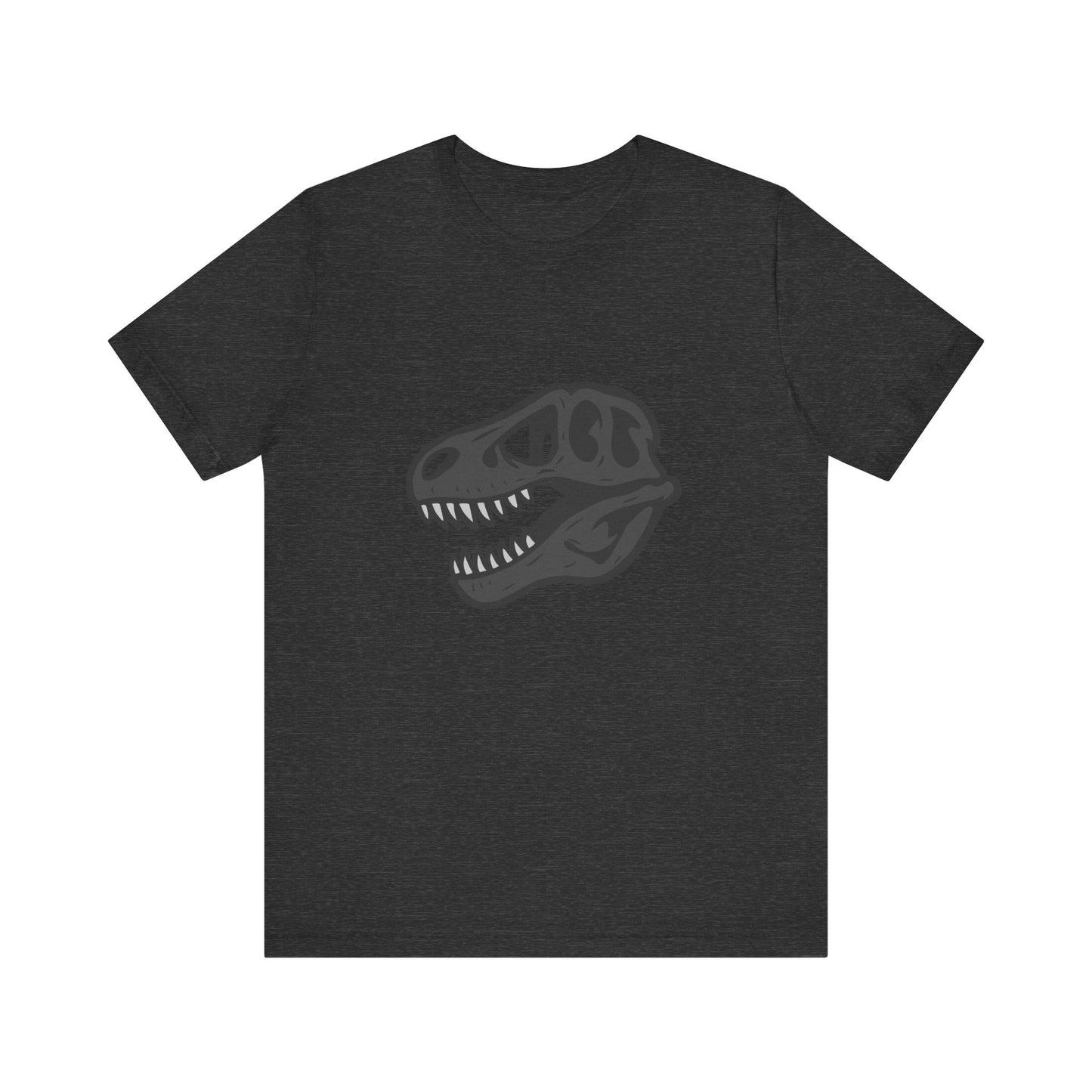 T-Rex Skull Graphic T-Shirt – Dark Theme Grayscale Dinosaur Skeleton Design on Black Tee with Prehistoric Edge and Modern Ghost Effect. Unisex Jersey Short Sleeve Tee
