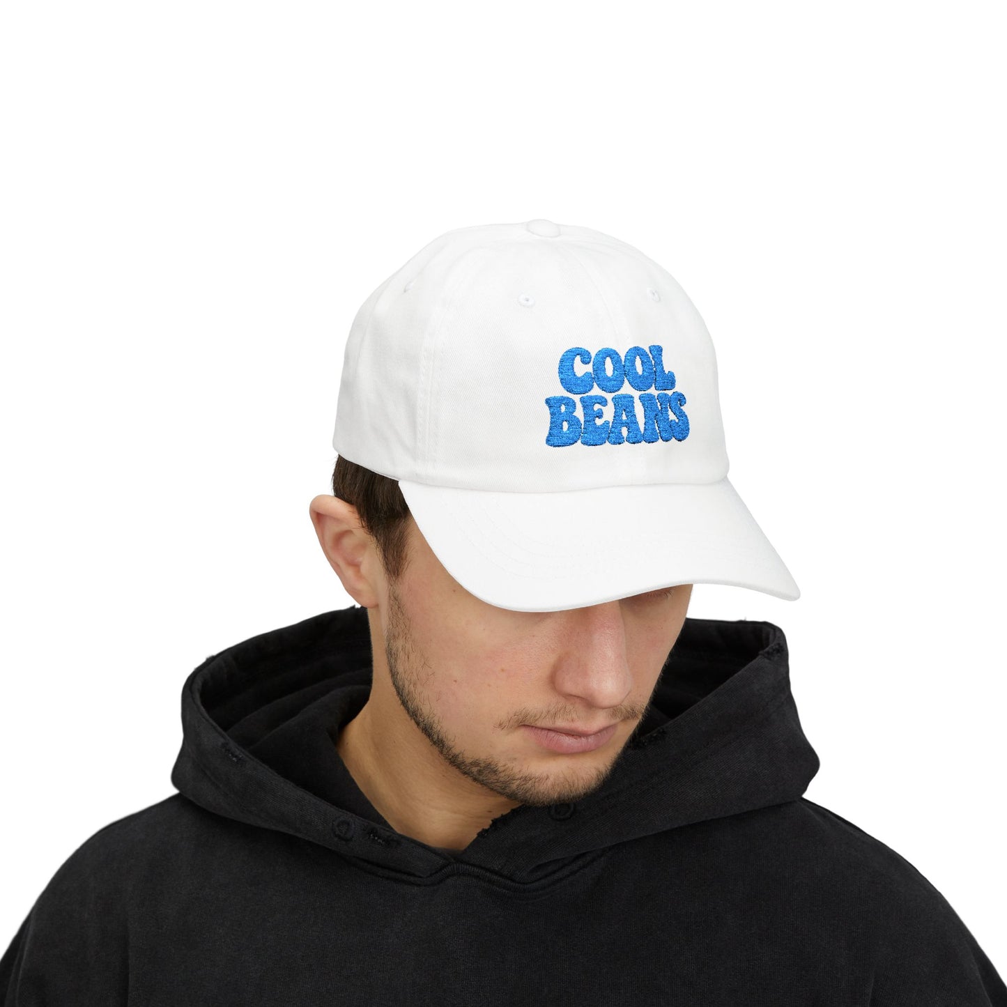 Cool Beans Classic Dad Hat – Embroidered Minimalist Text Hat for Chill Vibes and Quiet Comedy Fans. Blue Letters