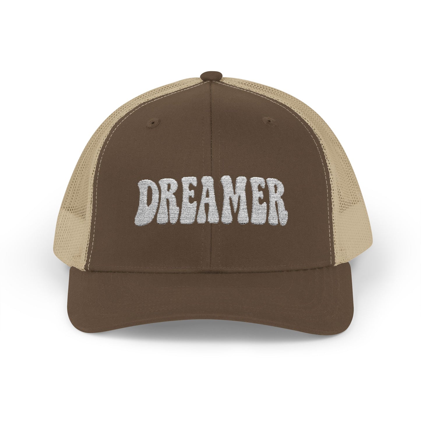 Dreamer Trucker Hat – Embroidered Minimalist Script Hat for Visionaries, Creatives, and Chill Daydreamers. White Letters