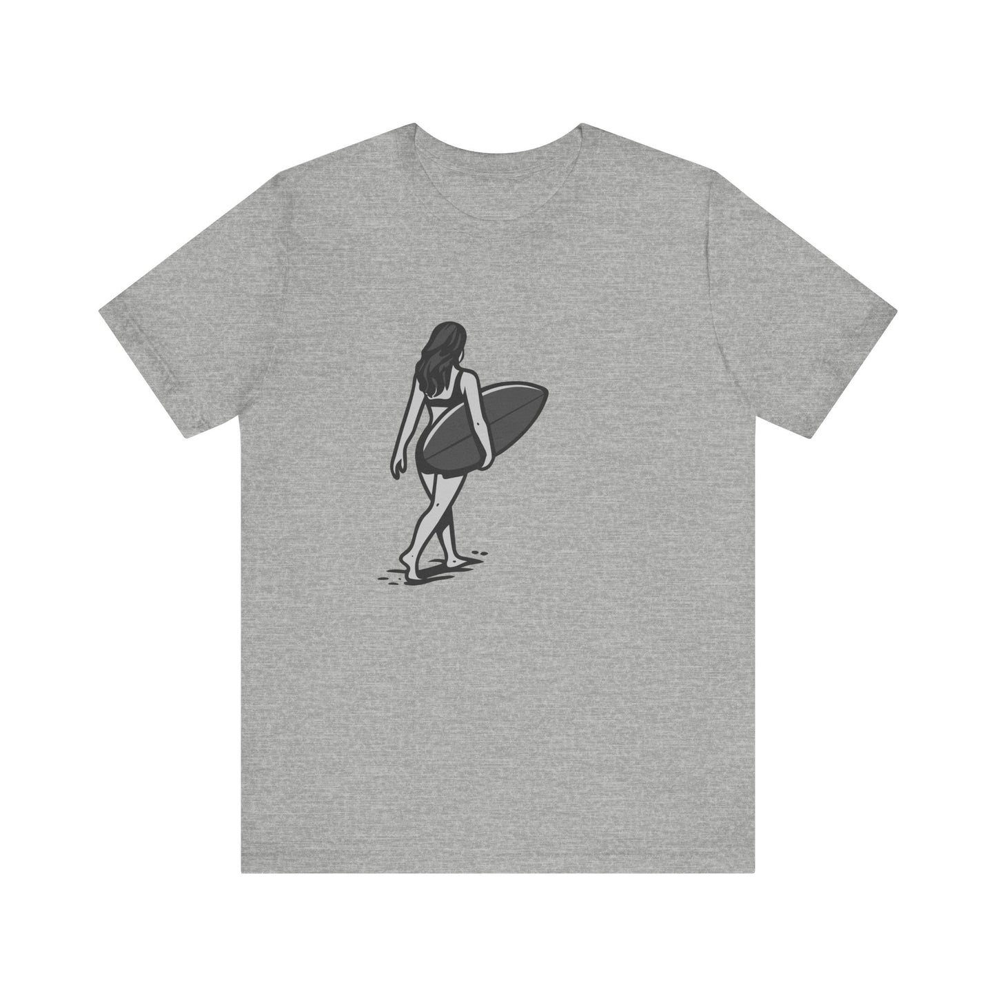 Surfer Girl Walking Graphic T-Shirt – Dark Theme Grayscale Beach Scene on Black Tee with Coastal Calm and Modern Ghost Effect. Unisex Jersey Short Sleeve Tee
