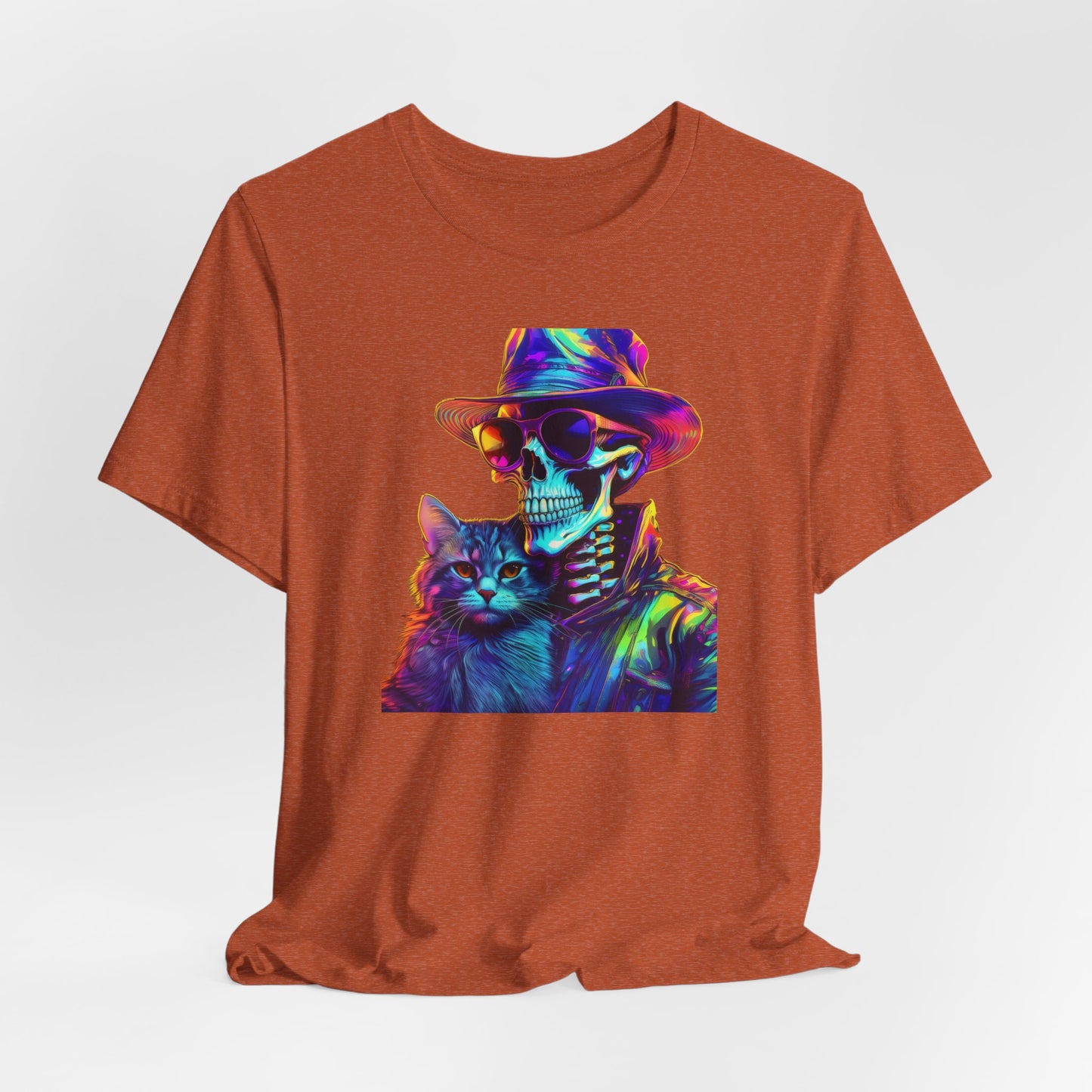 Cool Skeleton and Cat Halloween Shirt – Neon Retro Horror Graphic Tee for Spooky Style and Cat Lovers