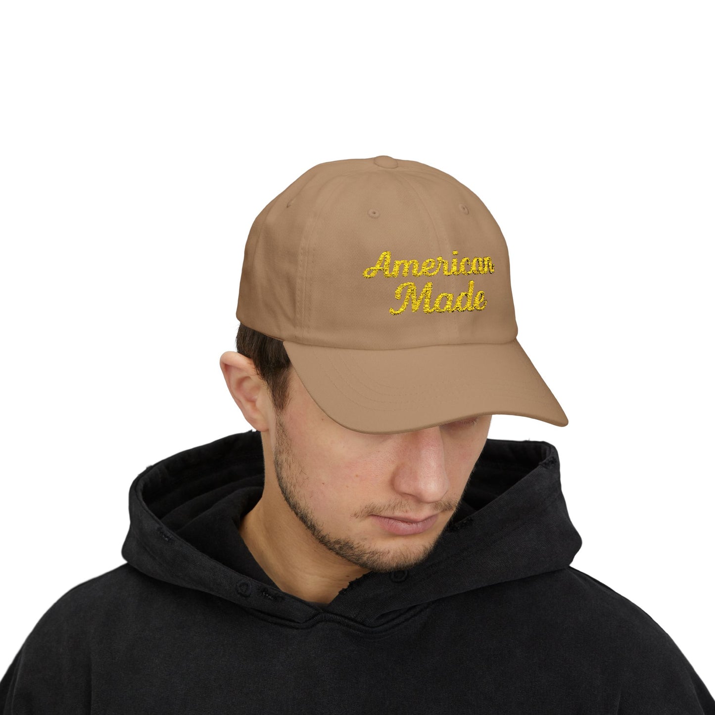 American Made Classic Dad Hat – Embroidered Patriotic Baseball Hat with Retro Script for USA Pride and Everyday Wear. Yellow letters