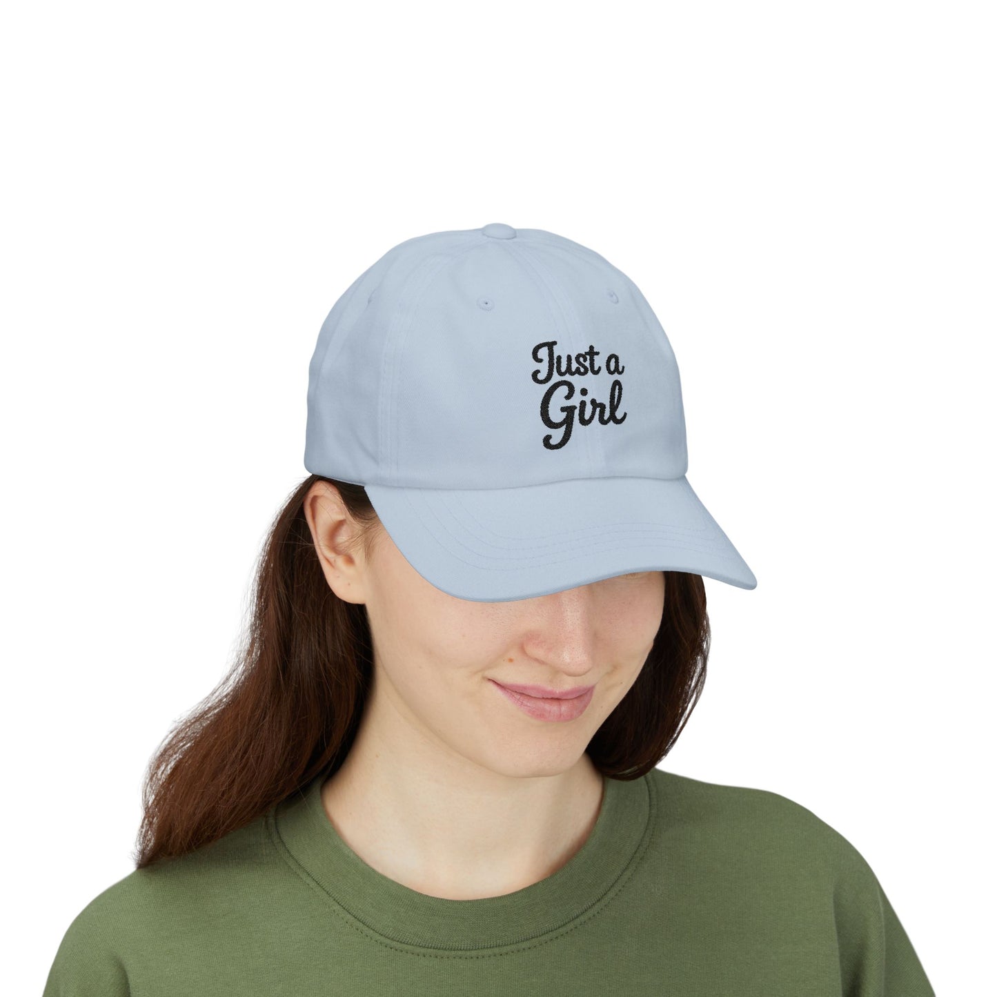 Just a Girl Embroidered Classic Dad Hat – Minimalist Script Baseball Hat with Bold Feminine Energy and Classic Style. Black Letters