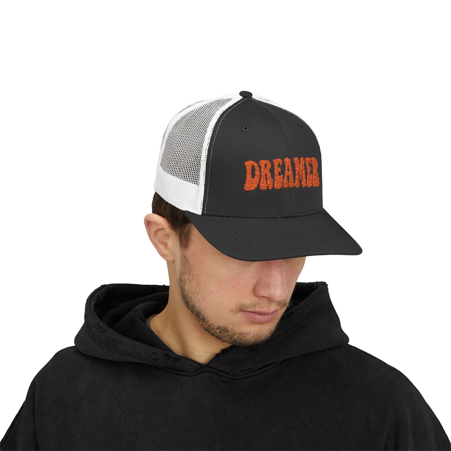 Dreamer Trucker Hat – Embroidered Minimalist Script Hat for Visionaries, Creatives, and Chill Daydreamers. Orange Letters