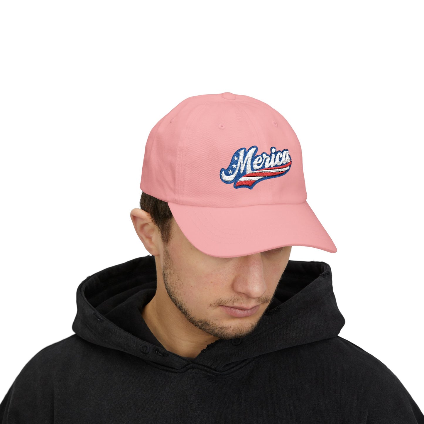MERICA Embroidered Classic Dad Hat – Patriotic USA Hat with Bold Stars and Stripes Script Design for 4th of July and American Pride