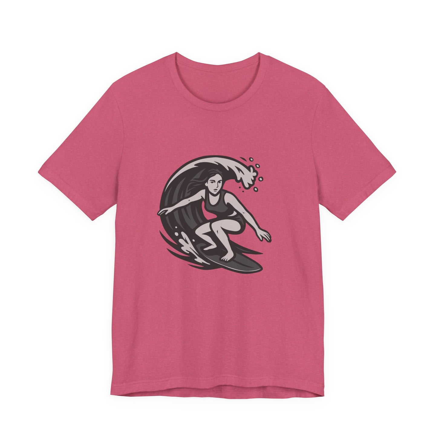 Surf Girl Graphic T-Shirt – Dark Theme Grayscale Female Surfer Riding Wave on Black Tee with Flow State Energy and Modern Ghost Effect. Unisex Jersey Short Sleeve Tee