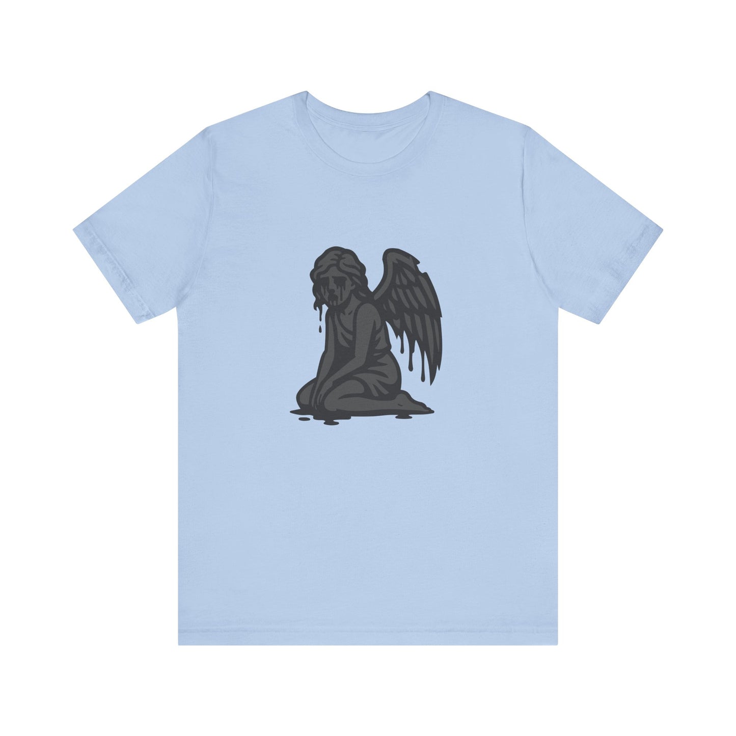 Fallen Angel Dark Theme Graphic T-Shirt – Dark Grayscale Crying Angel Design on Black Tee with Gothic Mood and Modern Ghost Effect. Unisex Jersey Short Sleeve Tee