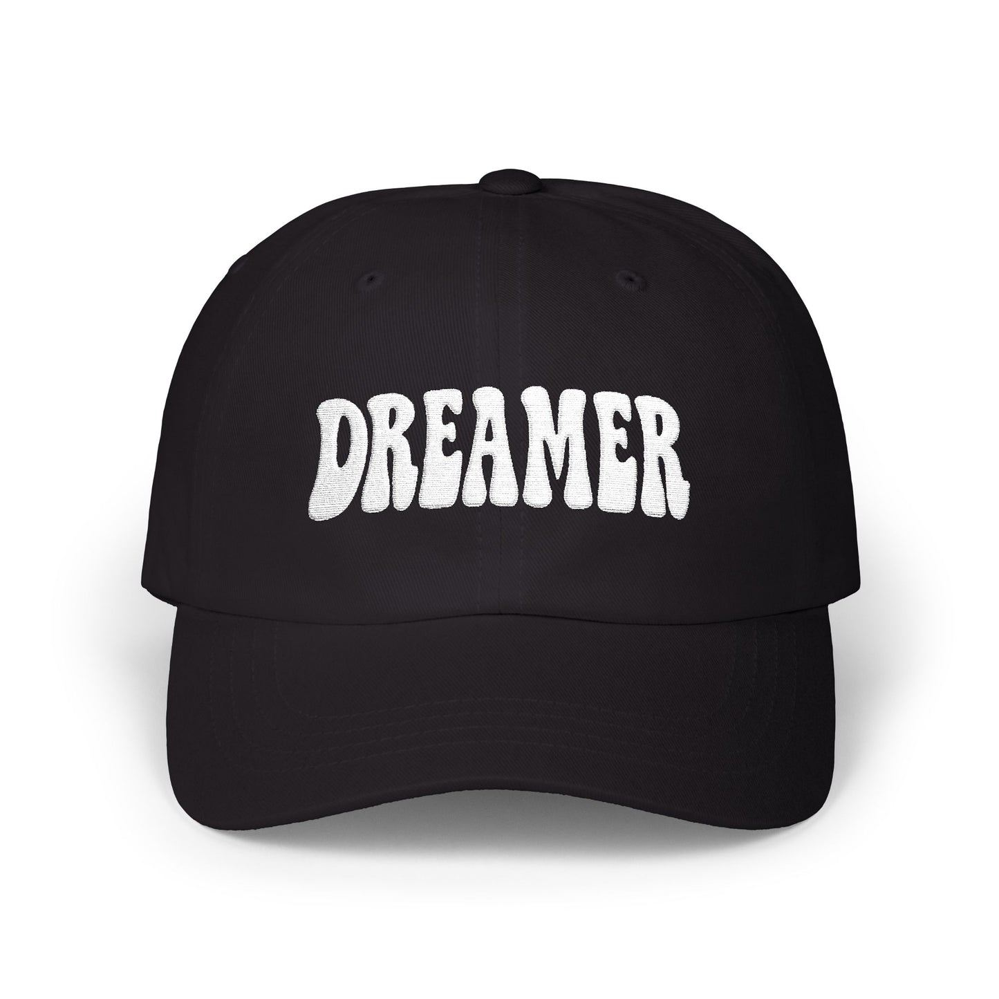 Dreamer Classic Dad Hat – Embroidered Minimalist Script Hat for Visionaries, Creatives, and Chill Daydreamers. White Letters