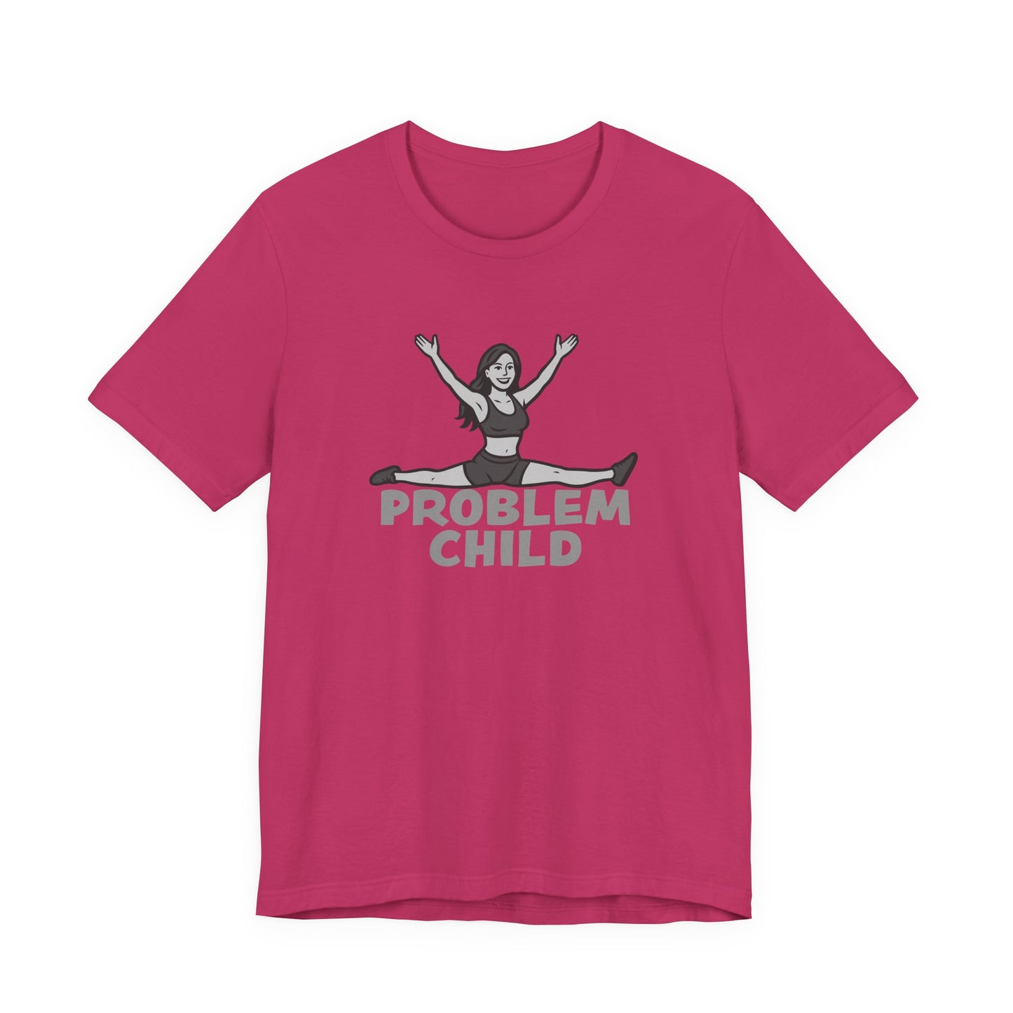 Problem Child Graphic Tee Cheerful Rebel Jump Pose in Bold Dark Theme Monochrome Style. Unisex Jersey Short Sleeve Tee