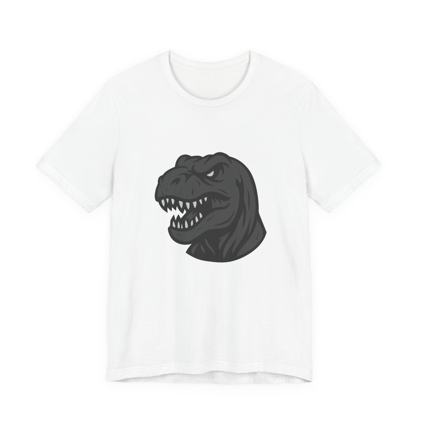 T-Rex Profile Graphic T-Shirt – Dark Theme Grayscale Dinosaur Head on Black Tee with Prehistoric Power and Modern Ghost Effect. Unisex Jersey Short Sleeve Tee